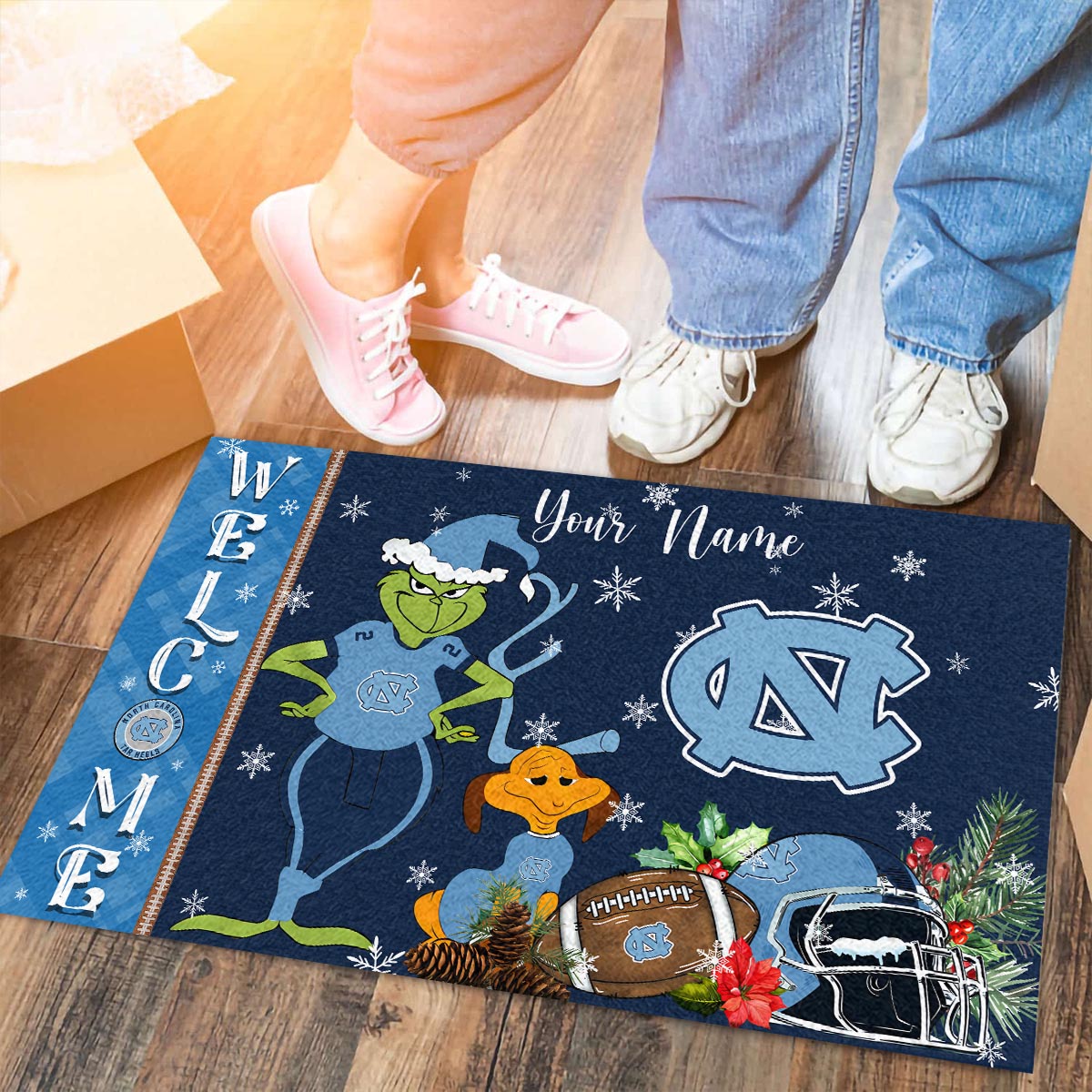 Sportswearmerch North Carolina Tar Heels NCAA x Grinch Christmas Welcome Football Doormat For Fan