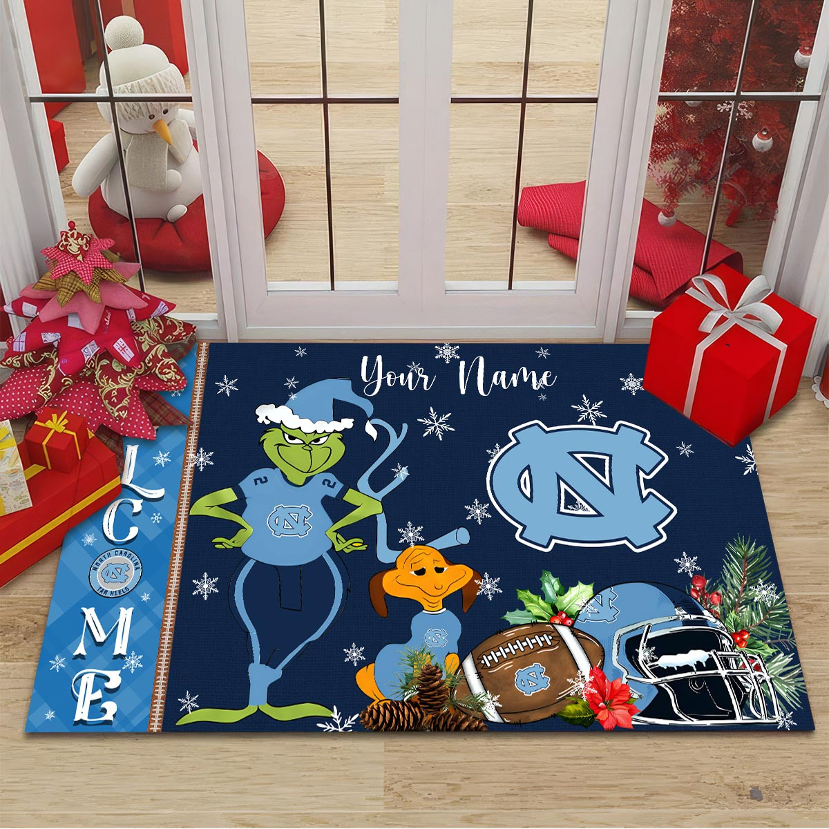 Sportswearmerch North Carolina Tar Heels NCAA x Grinch Christmas Welcome Football Doormat For Fan