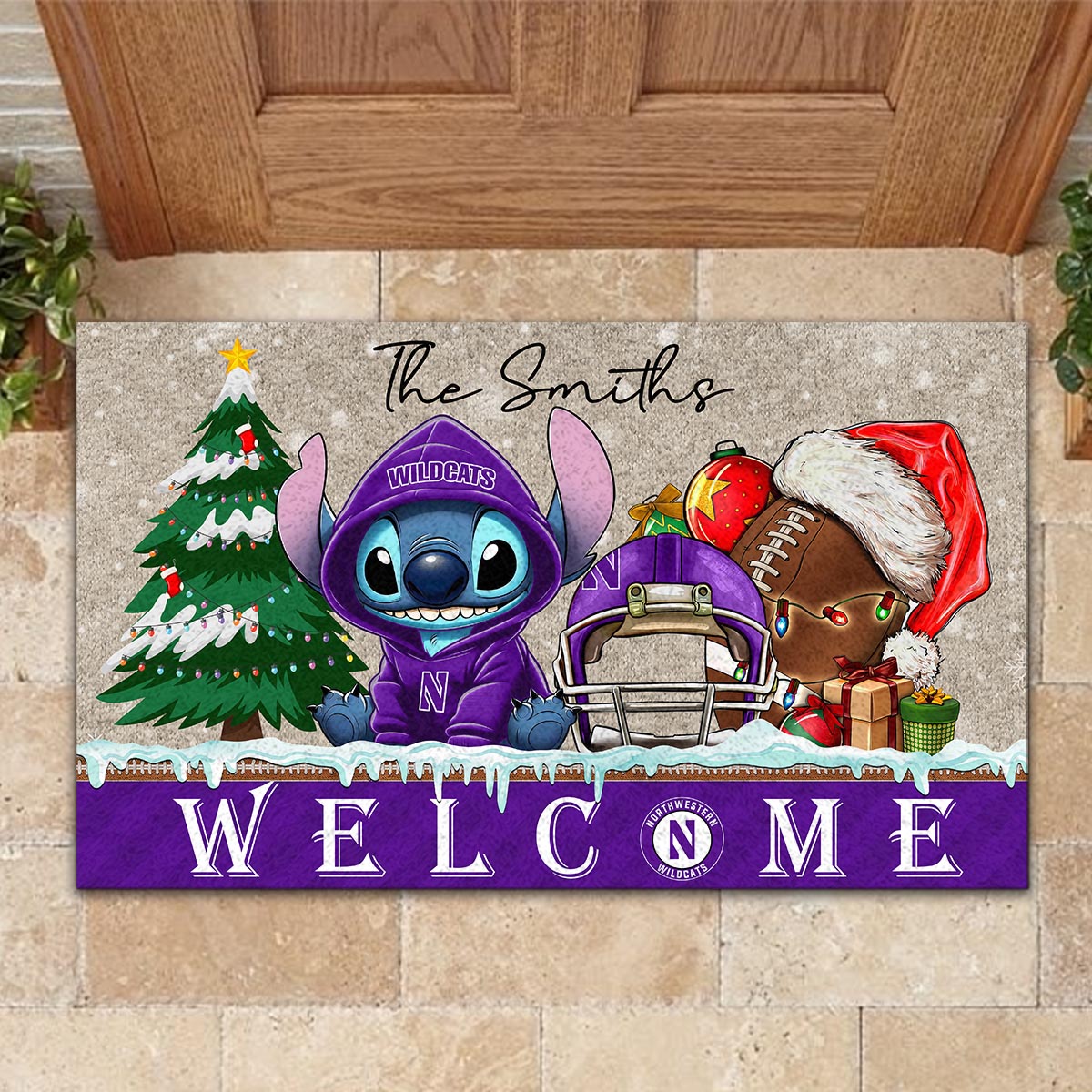 Sportswearmerch Northwestern Wildcats NCAA x Cute Stitch Christmas Doormat For Fan