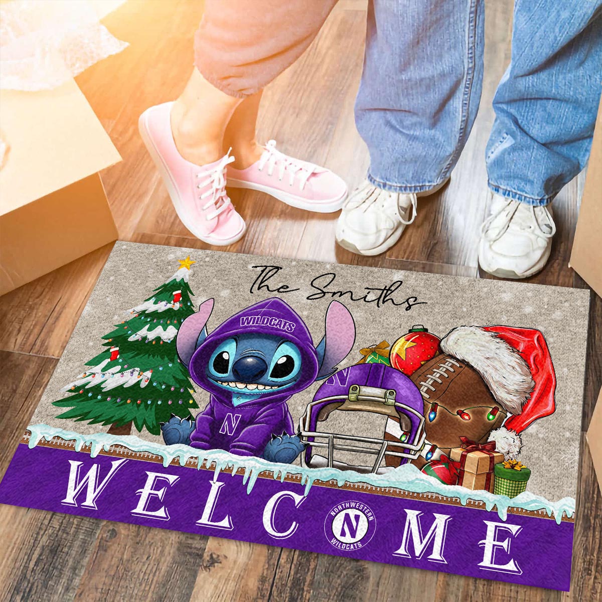 Sportswearmerch Northwestern Wildcats NCAA x Cute Stitch Christmas Doormat For Fan