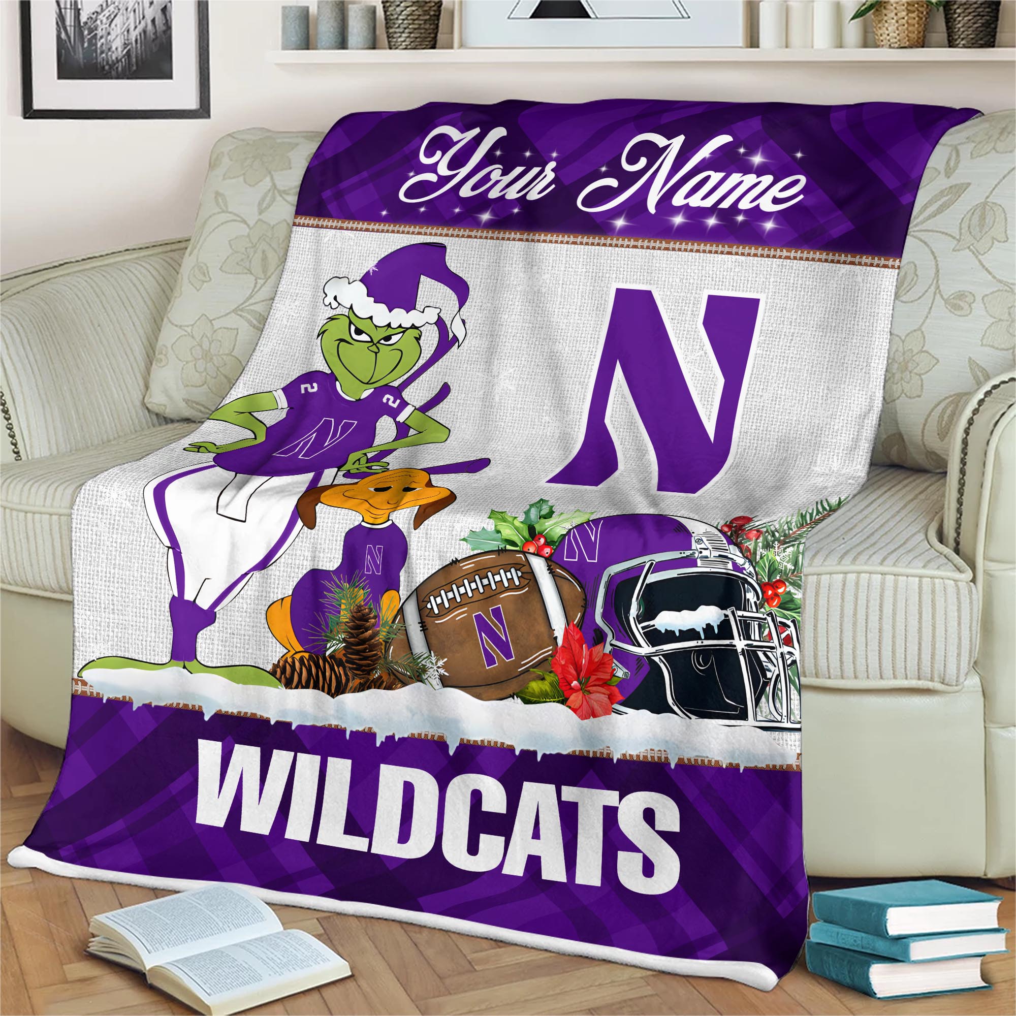 Sportswearmerch Northwestern Wildcats NCAA x Grinch Christmas Fleece Blanket For Fan