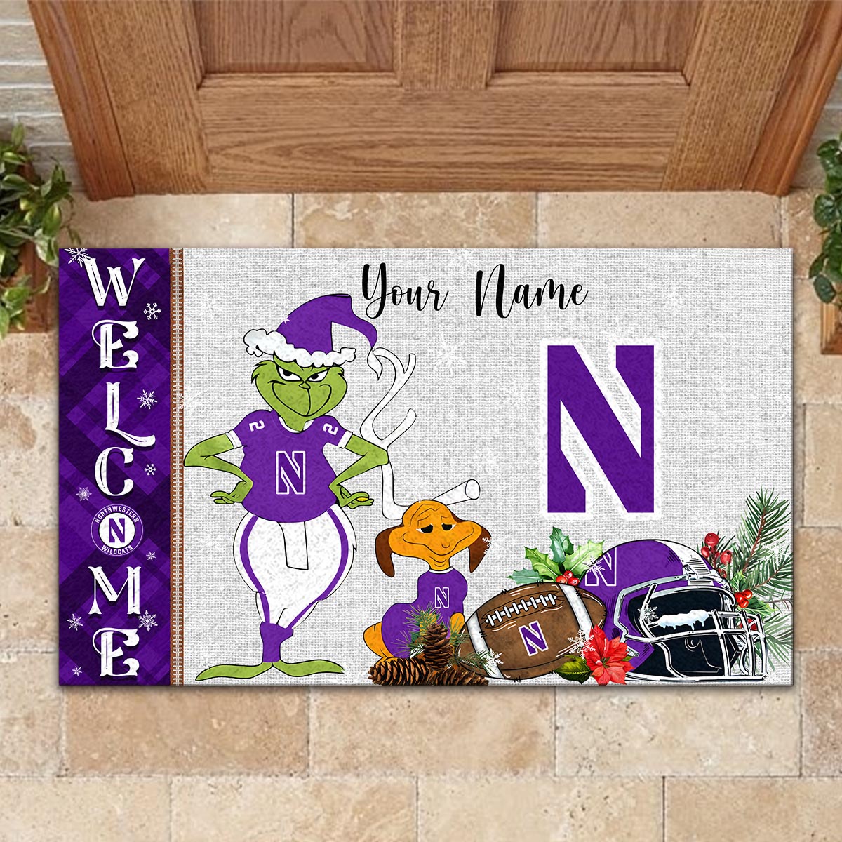 Sportswearmerch Northwestern Wildcats NCAA x Grinch Christmas Welcome Football Doormat For Fan