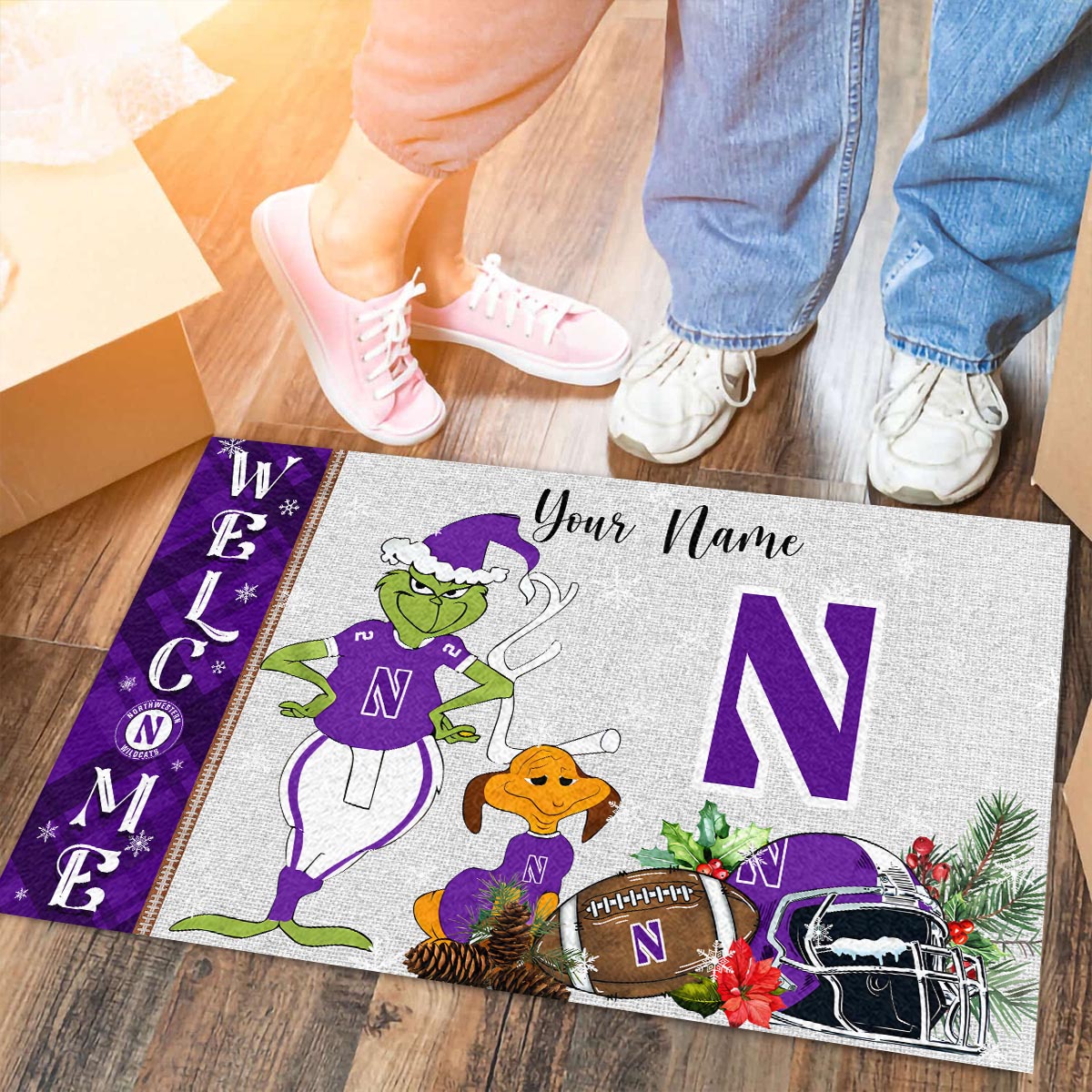 Sportswearmerch Northwestern Wildcats NCAA x Grinch Christmas Welcome Football Doormat For Fan