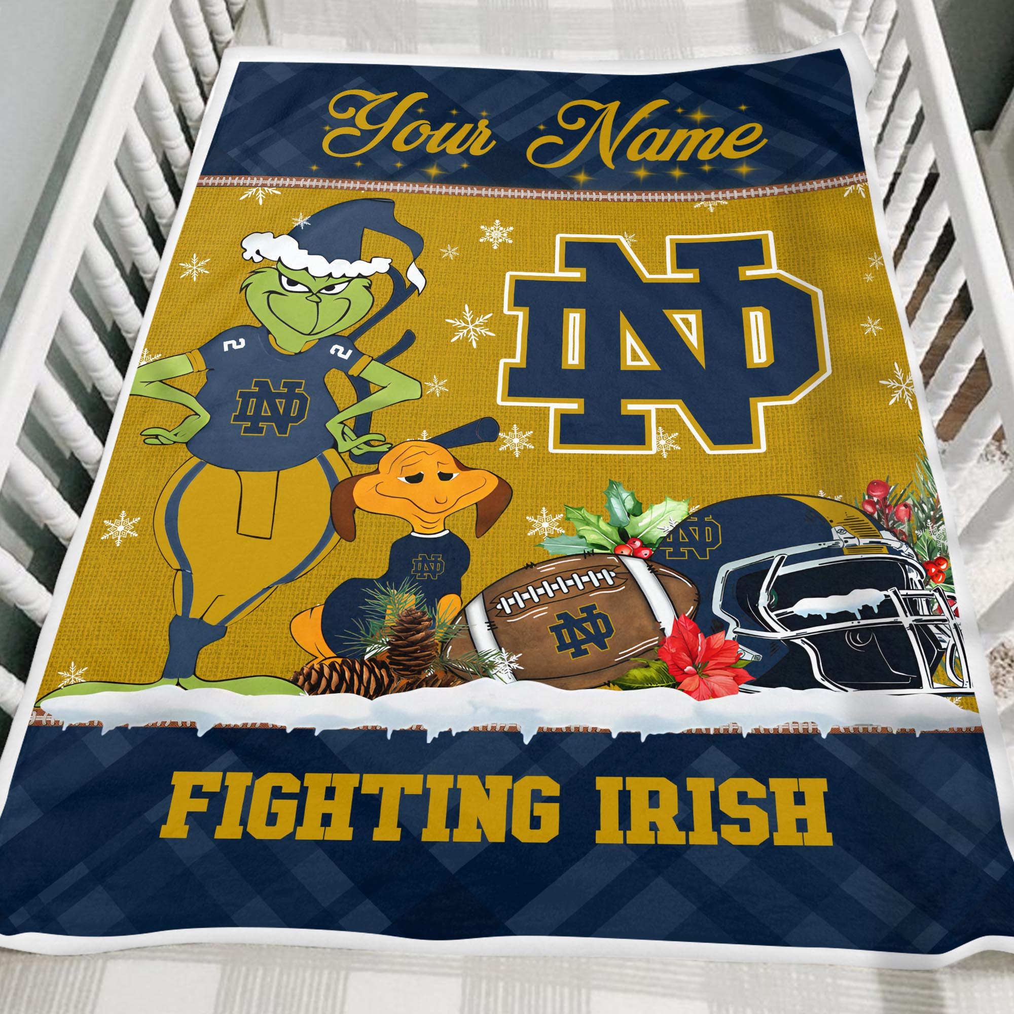 Sportswearmerch Notre Dame Fighting Irish NCAA x Grinch Christmas Fleece Blanket For Fan