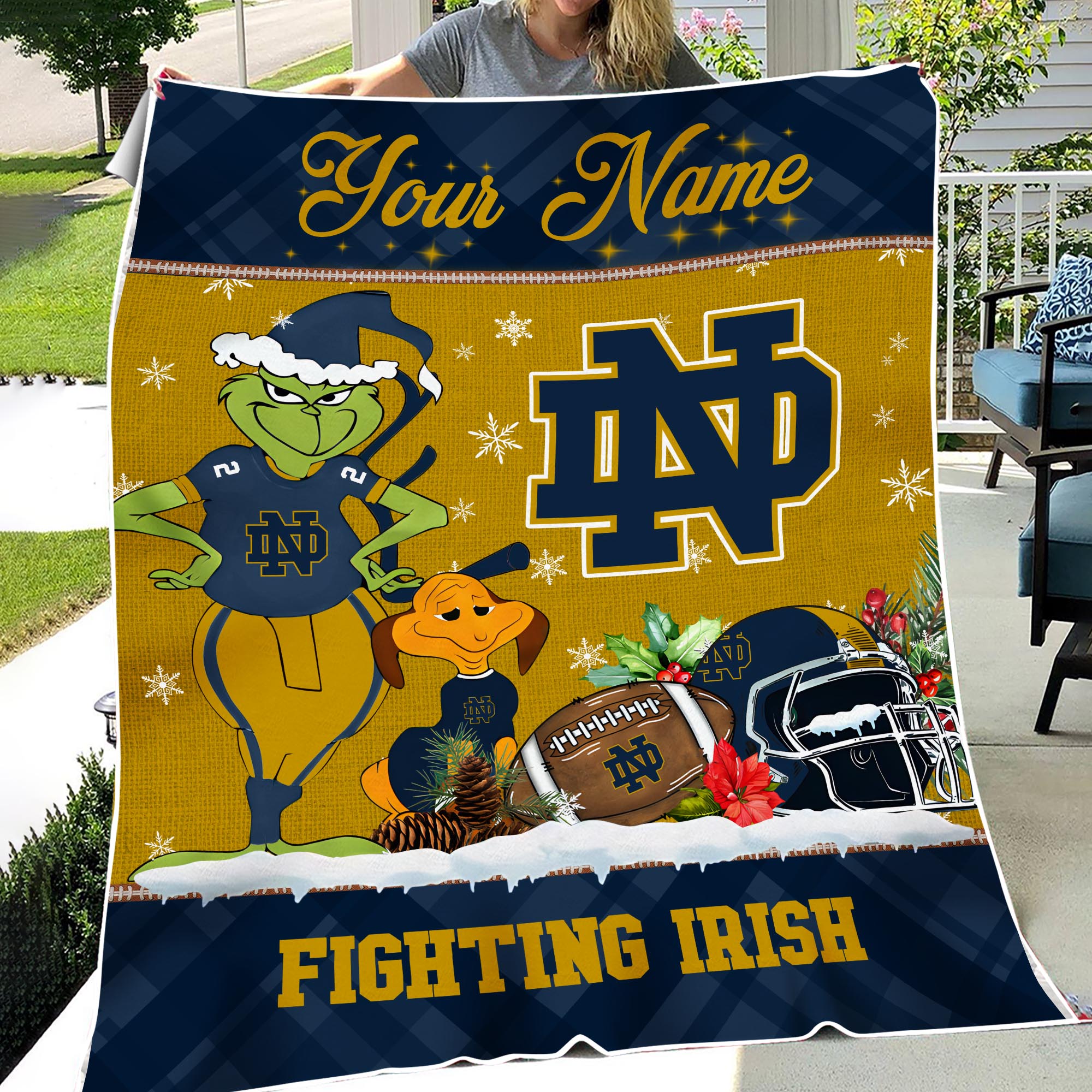 Sportswearmerch Notre Dame Fighting Irish NCAA x Grinch Christmas Fleece Blanket For Fan