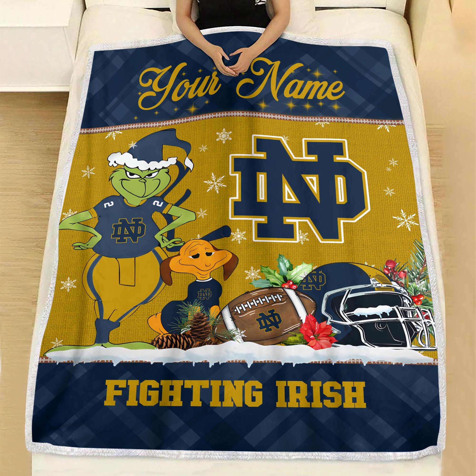 Sportswearmerch Notre Dame Fighting Irish NCAA x Grinch Christmas Fleece Blanket For Fan