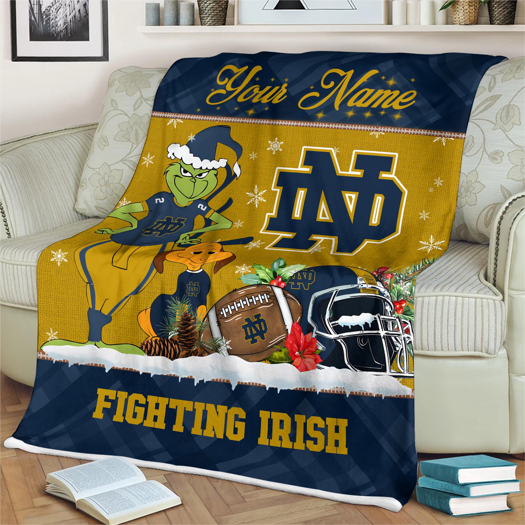 Sportswearmerch Notre Dame Fighting Irish NCAA x Grinch Christmas Fleece Blanket For Fan
