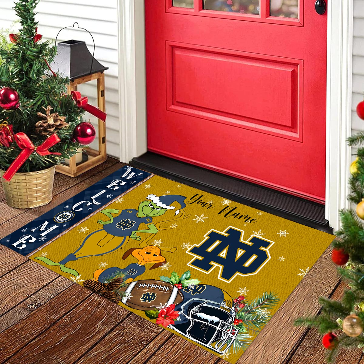 Sportswearmerch Notre Dame Fighting Irish NCAA x Grinch Christmas Welcome Football Doormat For Fan