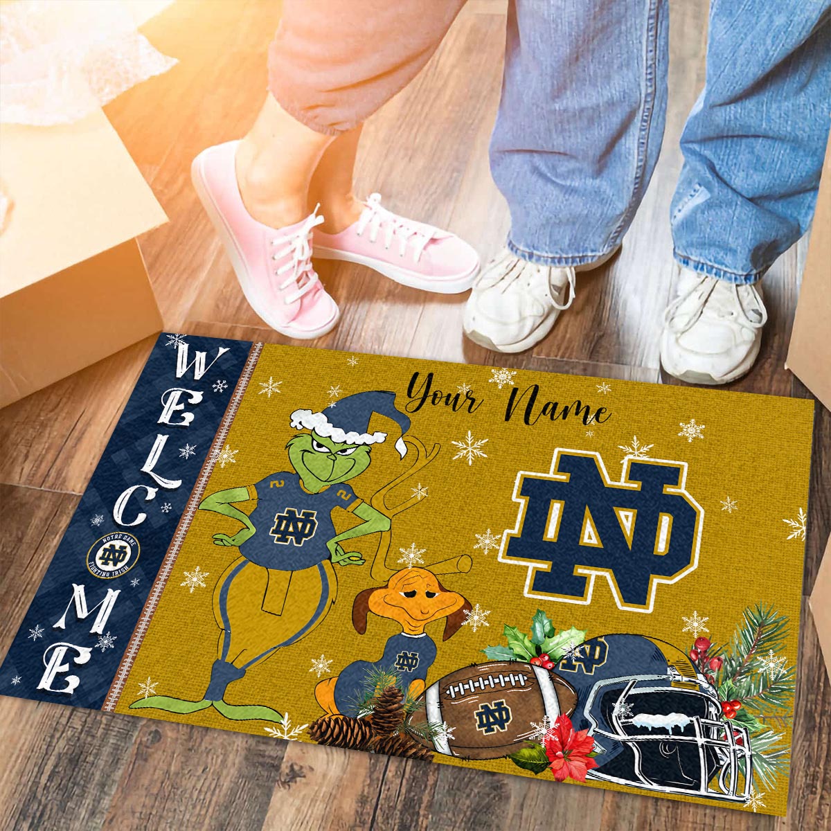 Sportswearmerch Notre Dame Fighting Irish NCAA x Grinch Christmas Welcome Football Doormat For Fan