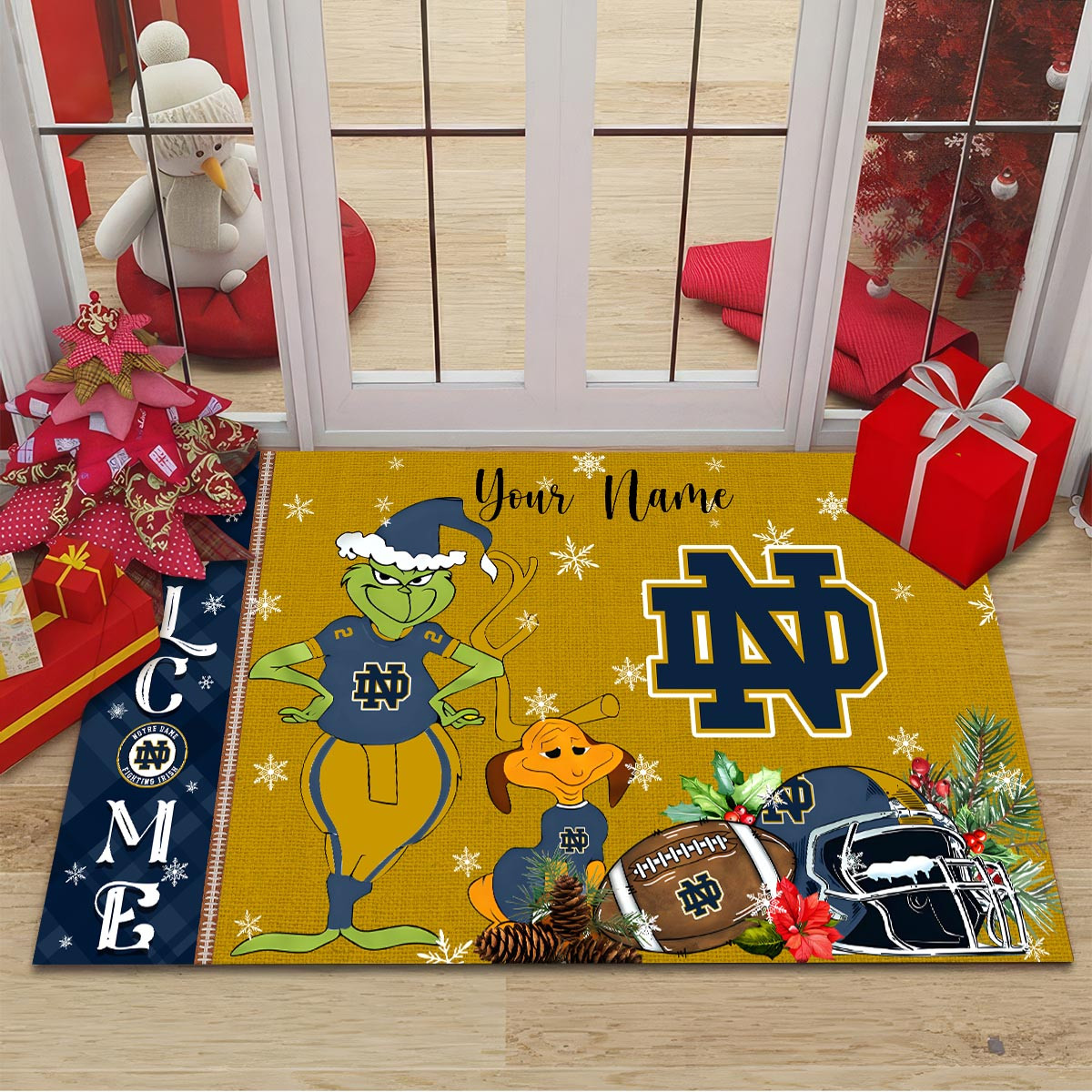 Sportswearmerch Notre Dame Fighting Irish NCAA x Grinch Christmas Welcome Football Doormat For Fan
