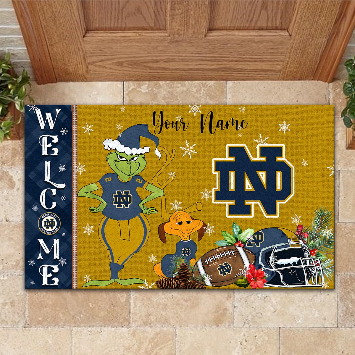 Sportswearmerch Notre Dame Fighting Irish NCAA x Grinch Christmas Welcome Football Doormat For Fan