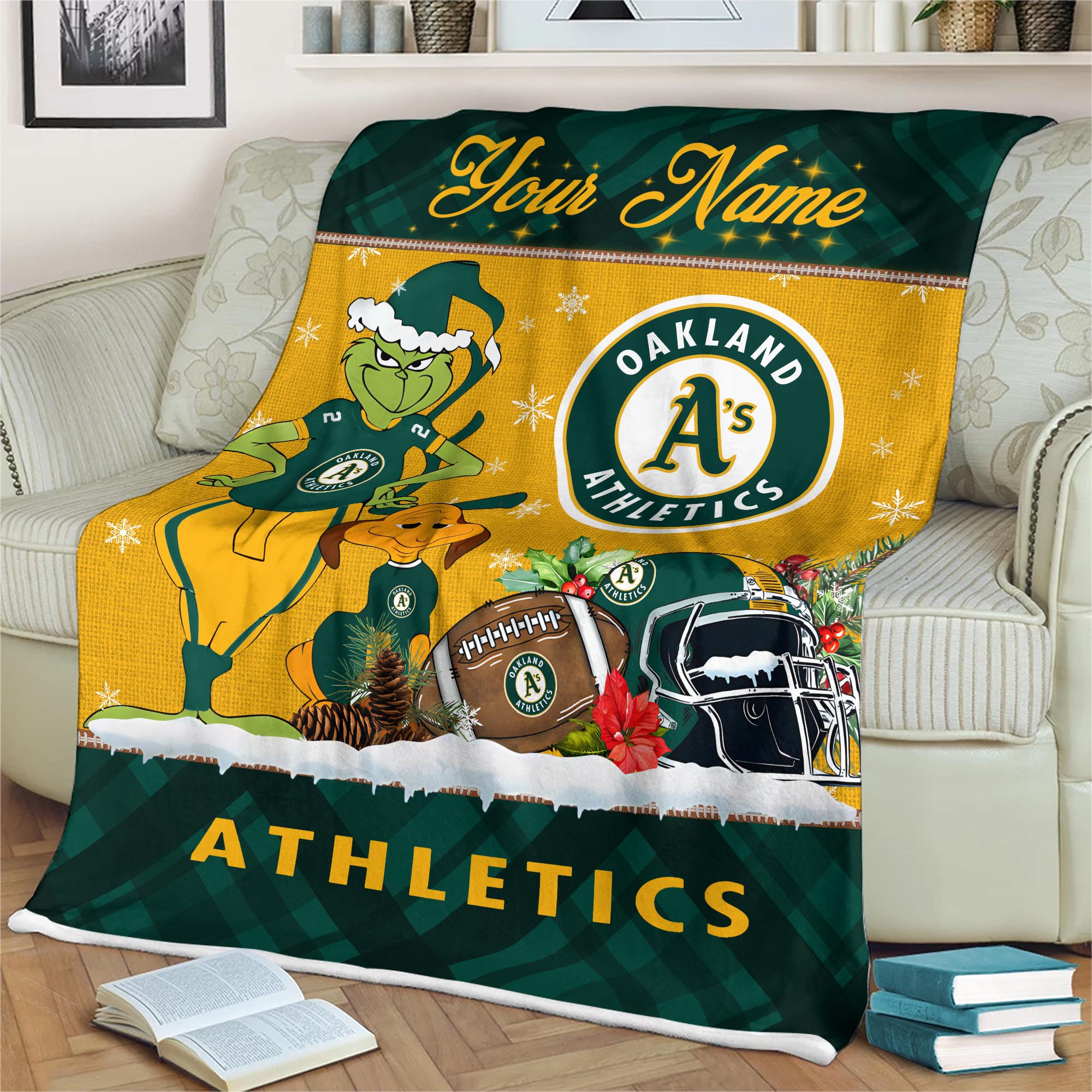 Sportswearmerch Oakland Athletics MLB x Grinch Christmas Fleece Blanket For Fan