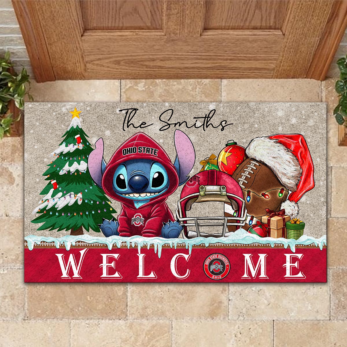Sportswearmerch Ohio State Buckeyes NCAA x Cute Stitch Christmas Doormat For Fan