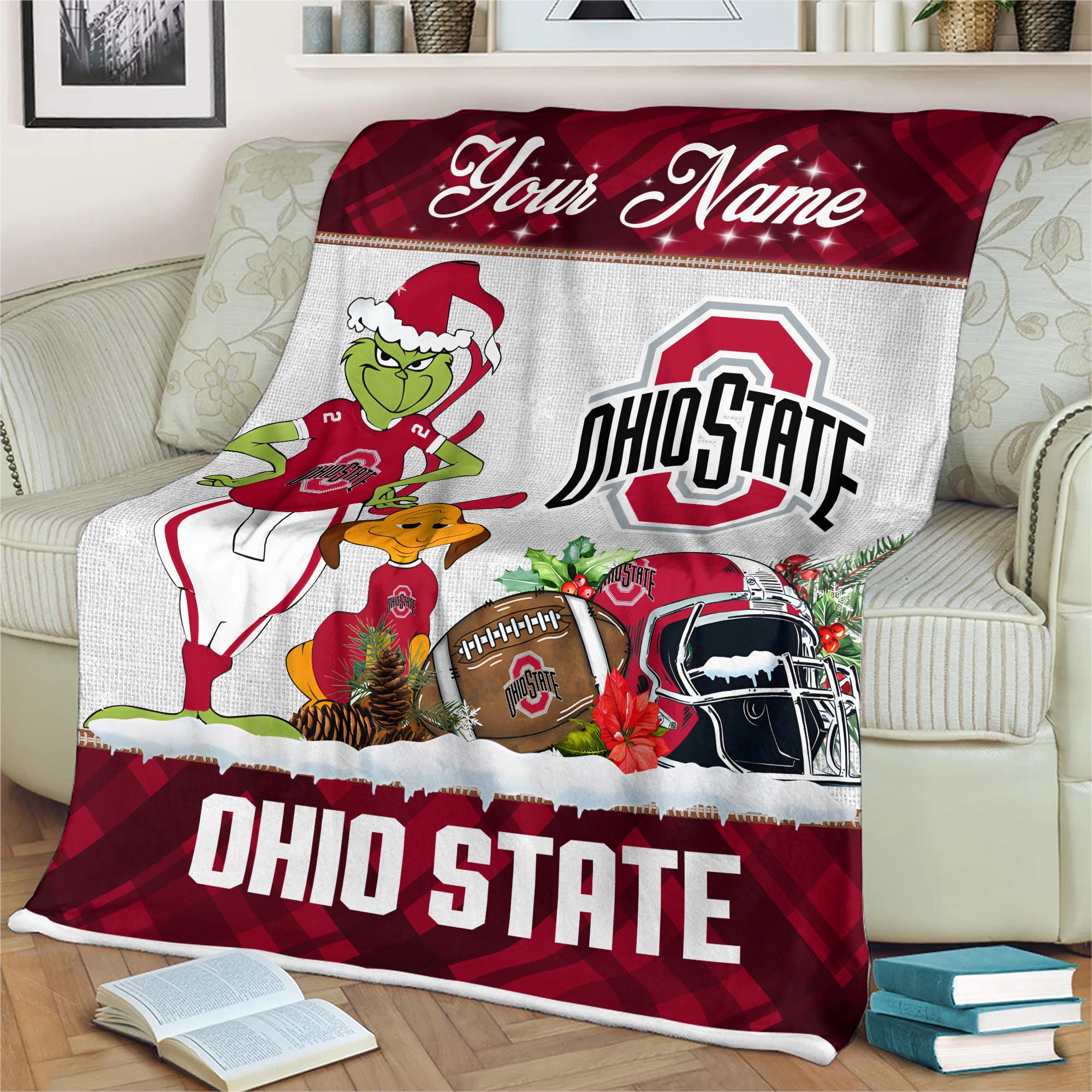 Sportswearmerch Ohio State Buckeyes NCAA x Grinch Christmas Fleece Blanket For Fan