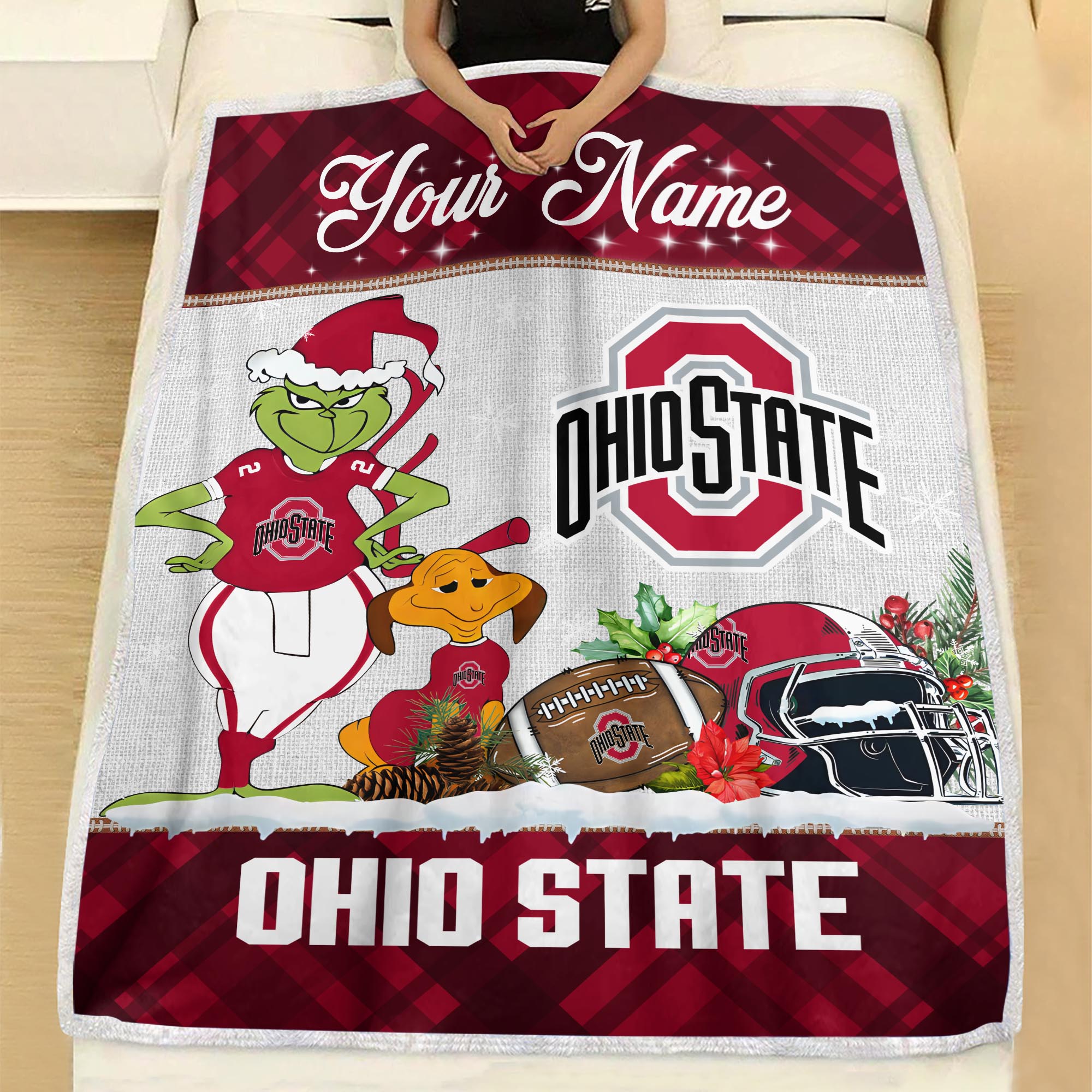 Sportswearmerch Ohio State Buckeyes NCAA x Grinch Christmas Fleece Blanket For Fan