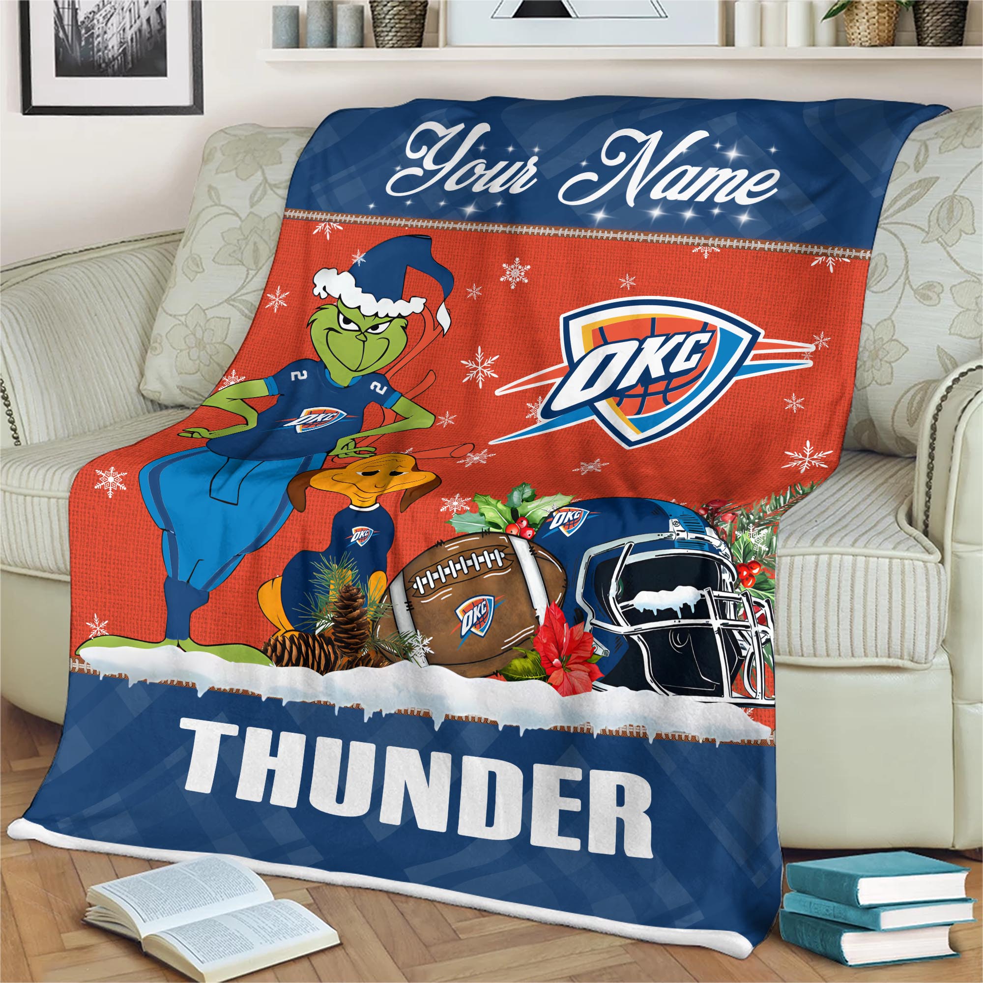 Sportswearmerch Oklahoma City Thunder NBA x Grinch Christmas Fleece Blanket For Fan