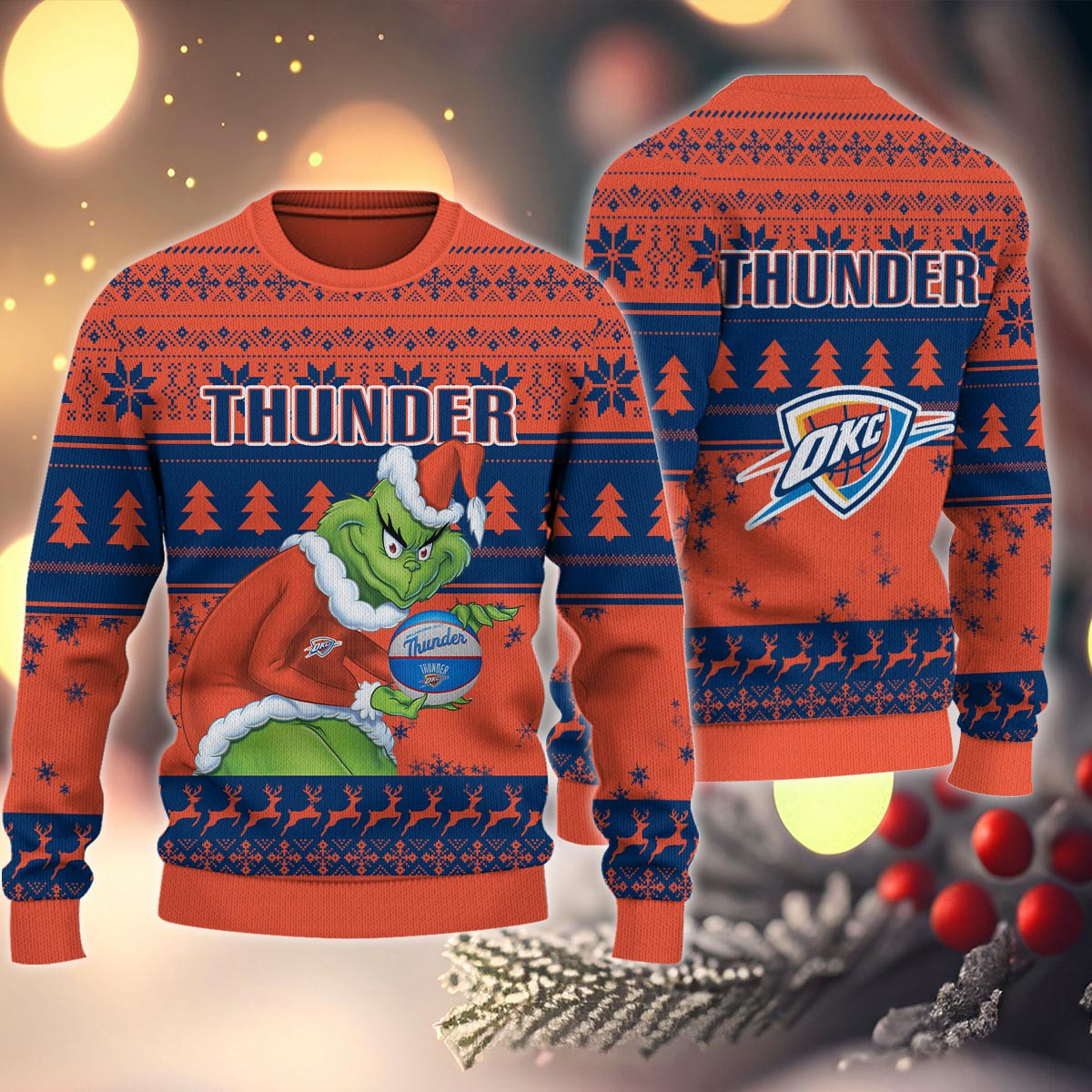 Sportswearmerch Oklahoma City Thunder NBA x Grinch Christmas Ugly Sweater For Fans