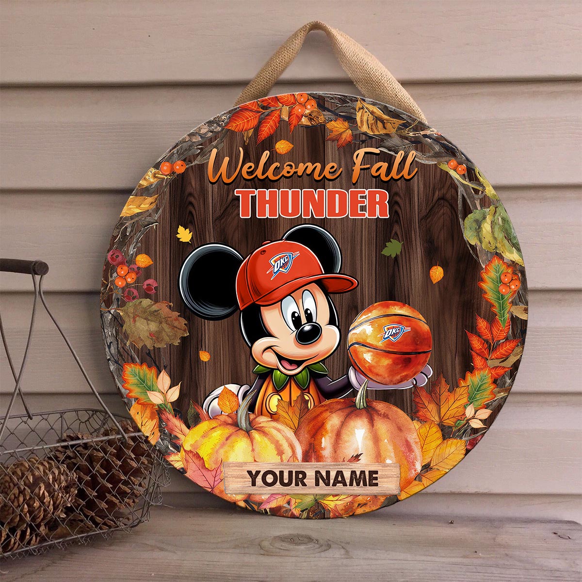 Sportswearmerch Oklahoma City Thunder NBA x Mickey Round Wooden Sign For Fan