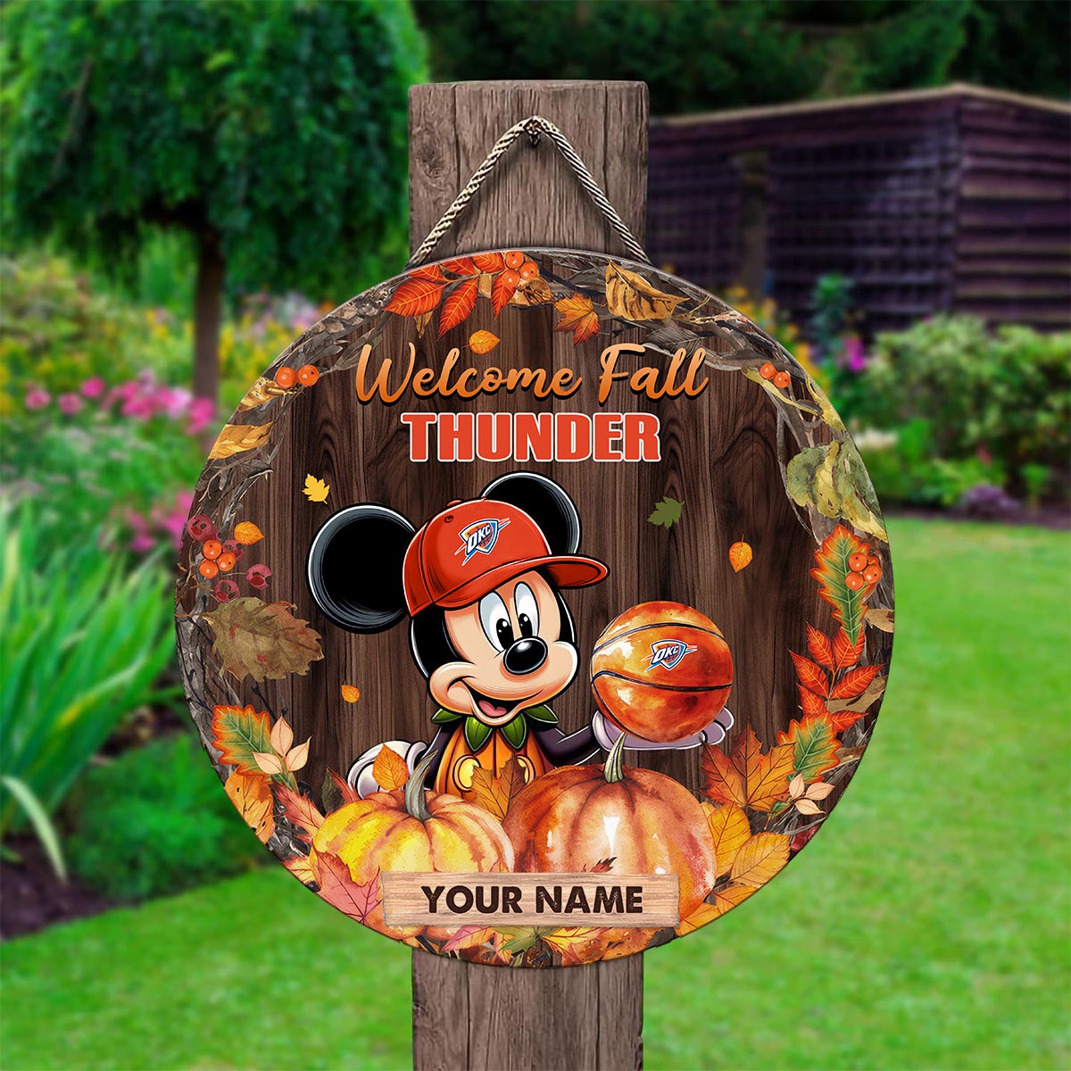 Sportswearmerch Oklahoma City Thunder NBA x Mickey Round Wooden Sign For Fan