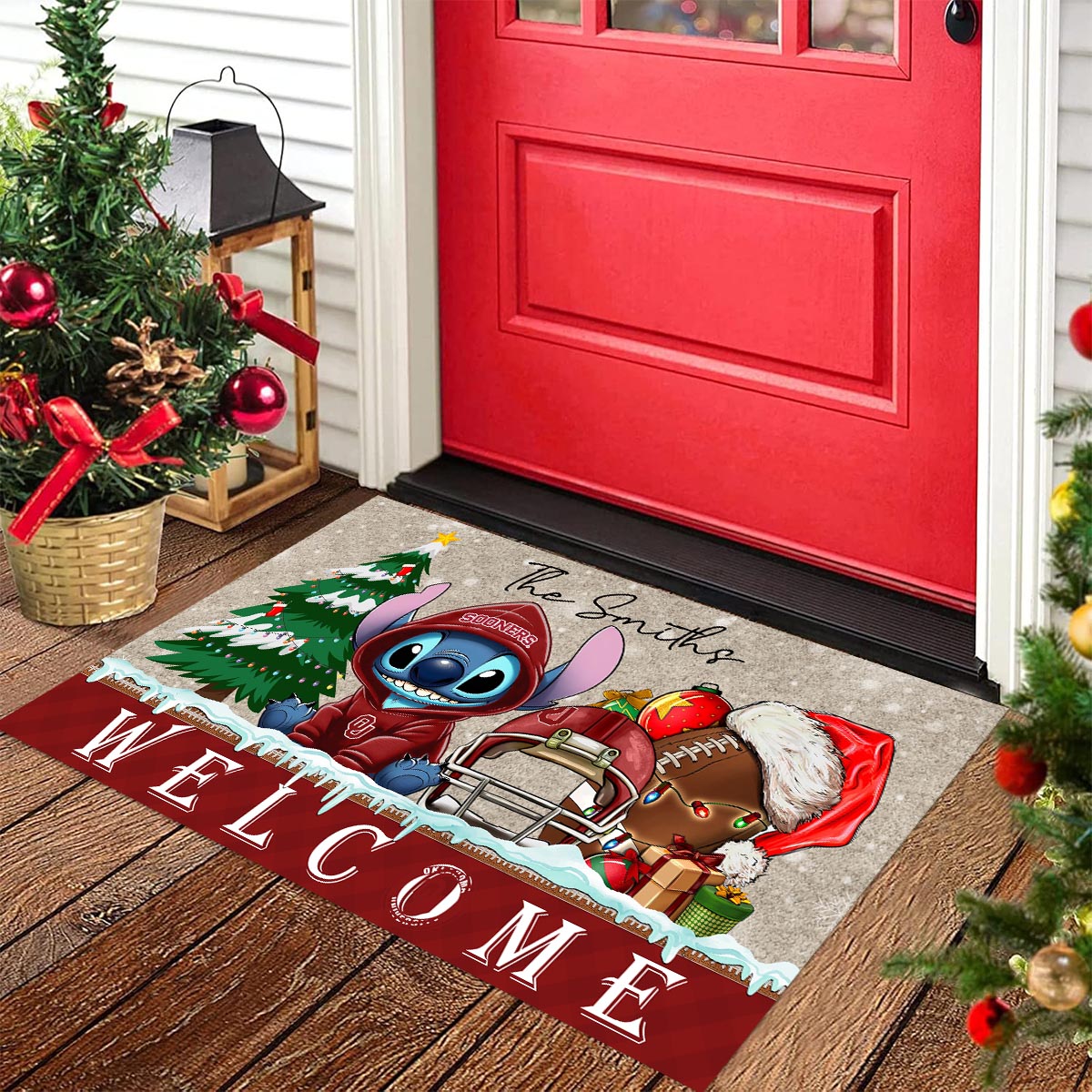 Sportswearmerch Oklahoma Sooners NCAA x Cute Stitch Christmas Doormat For Fan