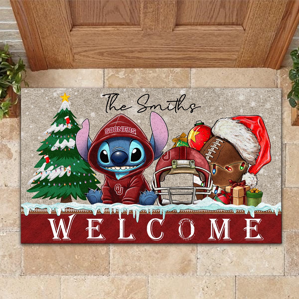 Sportswearmerch Oklahoma Sooners NCAA x Cute Stitch Christmas Doormat For Fan