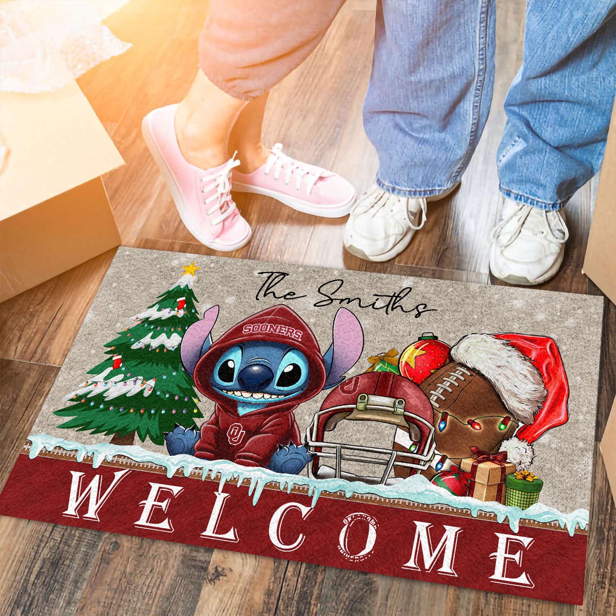 Sportswearmerch Oklahoma Sooners NCAA x Cute Stitch Christmas Doormat For Fan