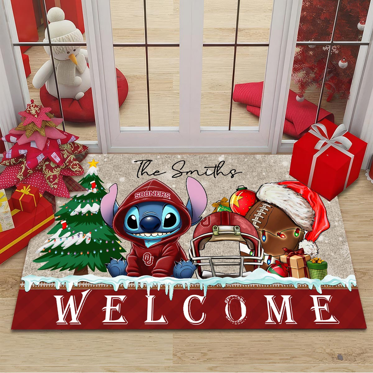 Sportswearmerch Oklahoma Sooners NCAA x Cute Stitch Christmas Doormat For Fan