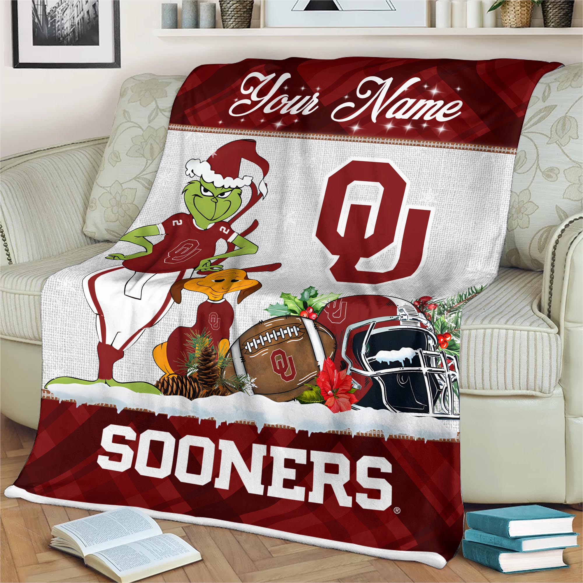 Sportswearmerch Oklahoma Sooners NCAA x Grinch Christmas Fleece Blanket For Fan