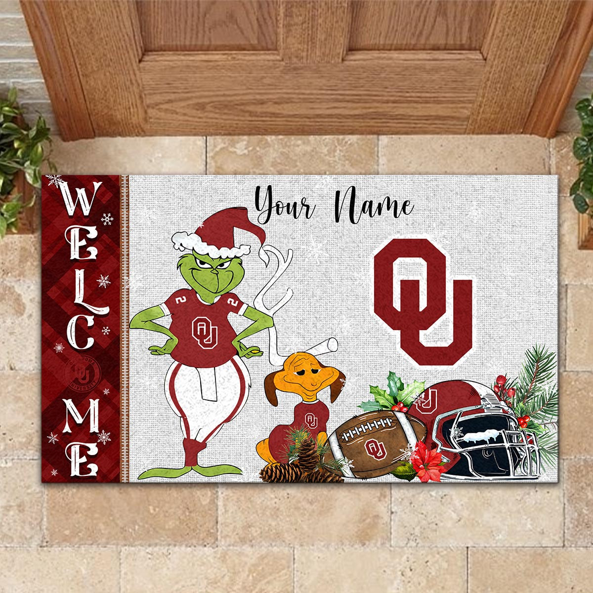 Sportswearmerch Oklahoma Sooners NCAA x Grinch Christmas Welcome Football Doormat For Fan