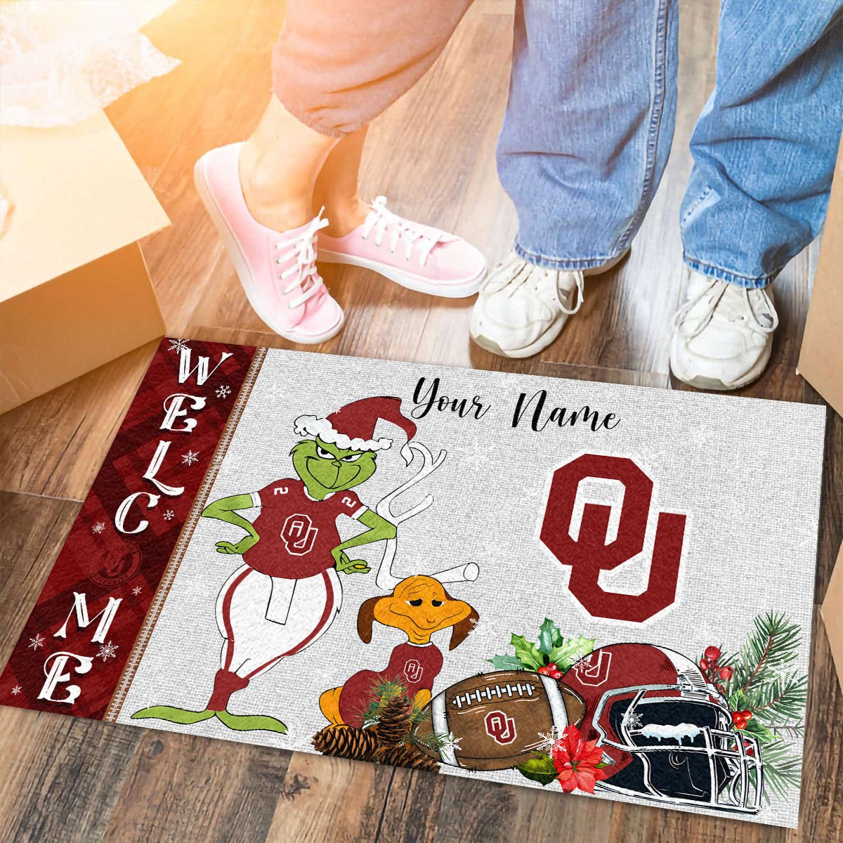 Sportswearmerch Oklahoma Sooners NCAA x Grinch Christmas Welcome Football Doormat For Fan
