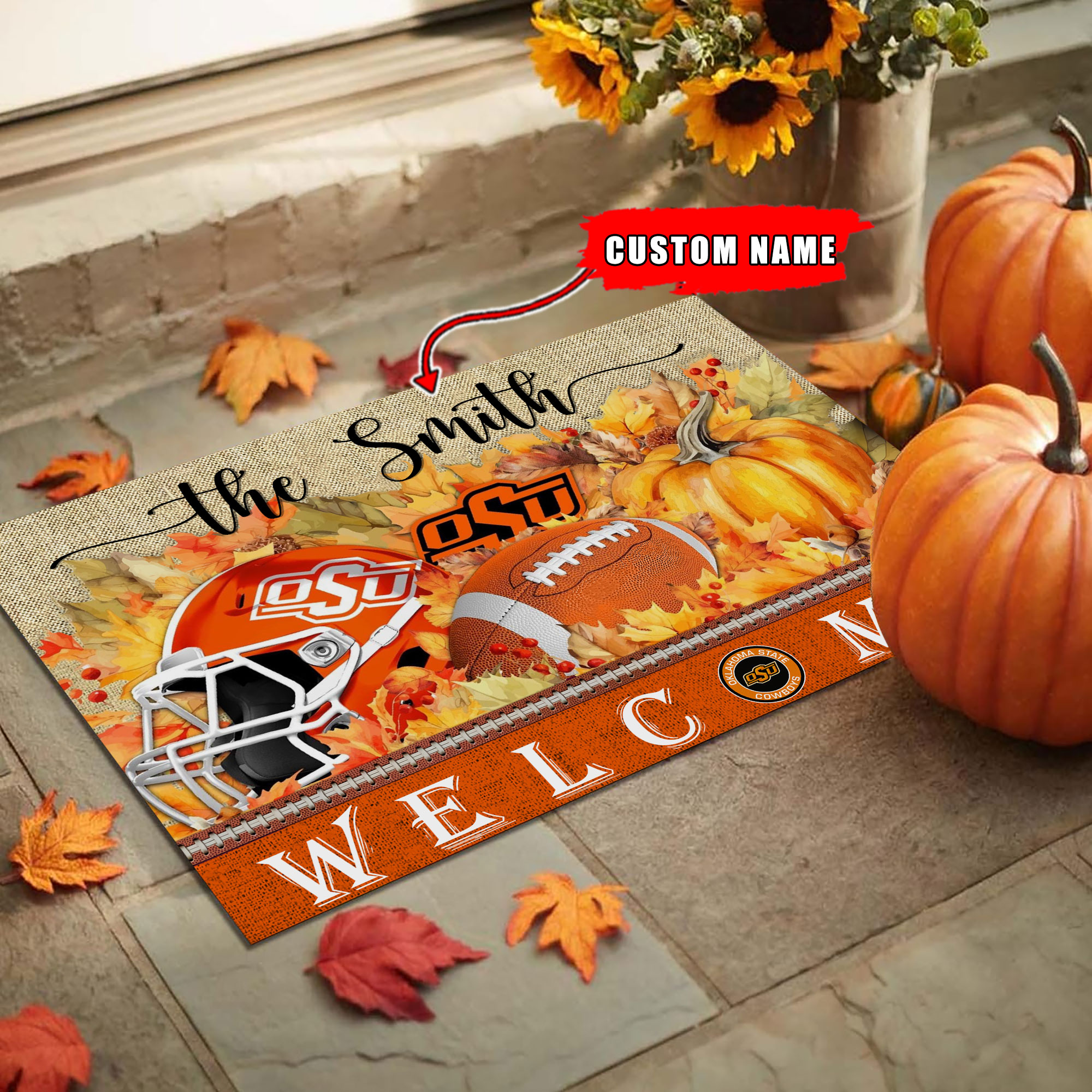 Sportswearmerch Oklahoma State Cowboys NCAA Welcome Fall Football Doormat For Fan