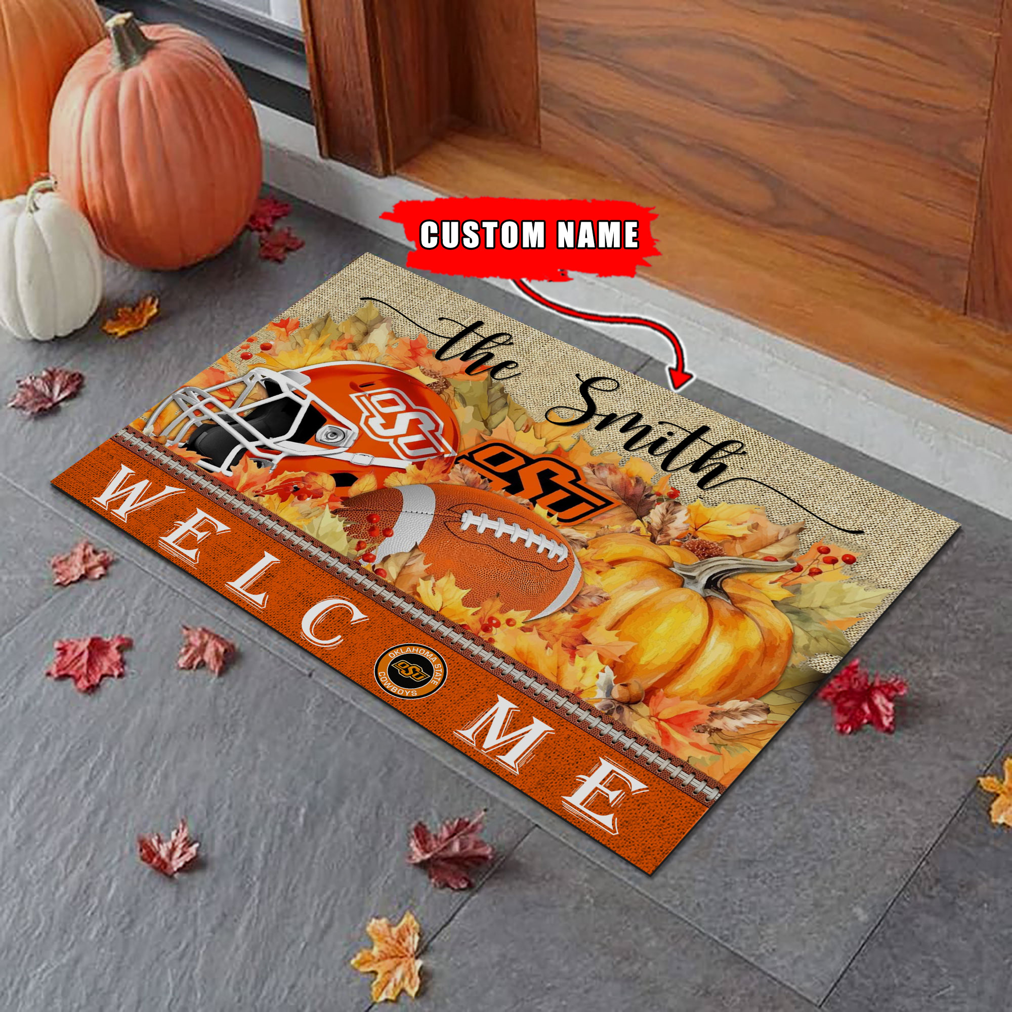 Sportswearmerch Oklahoma State Cowboys NCAA Welcome Fall Football Doormat For Fan