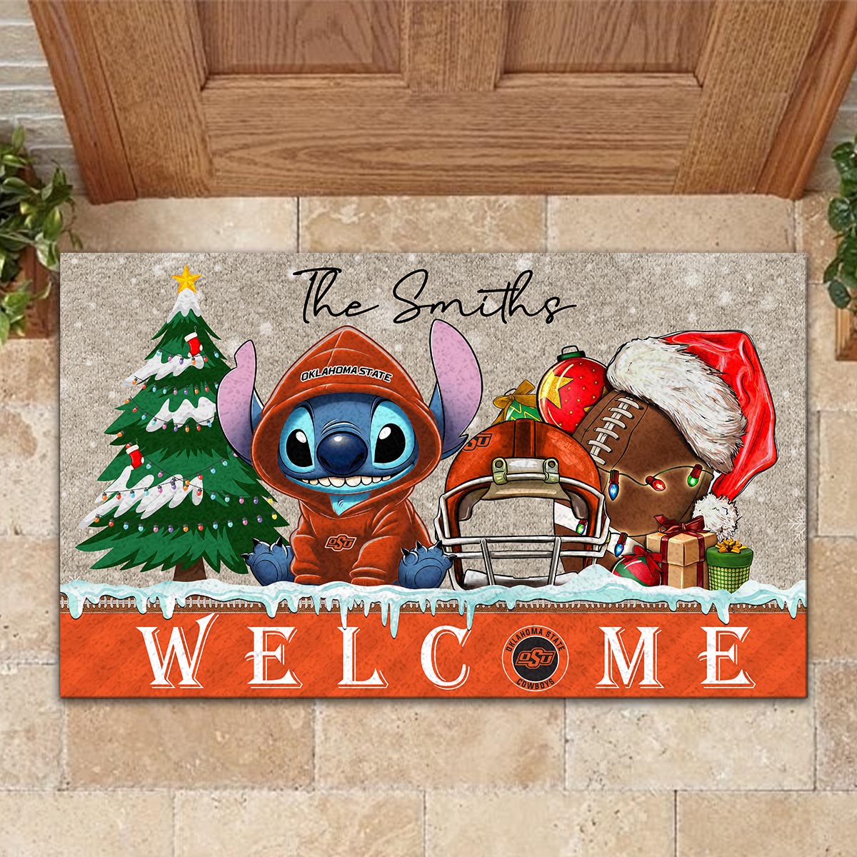 Sportswearmerch Oklahoma State Cowboys NCAA x Cute Stitch Christmas Doormat For Fan