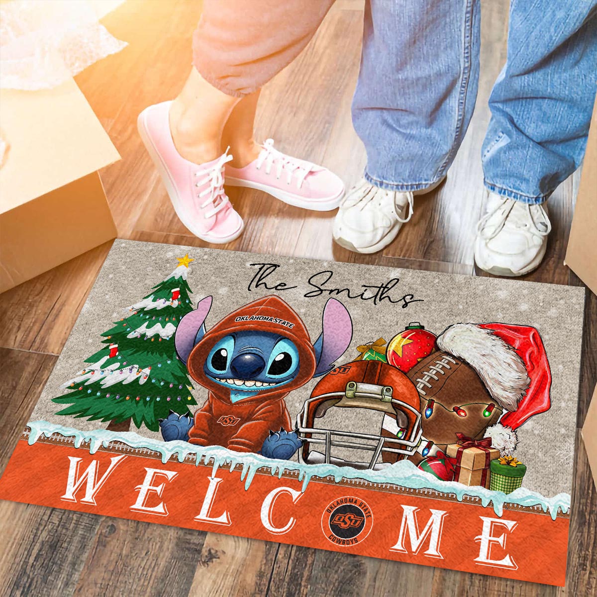 Sportswearmerch Oklahoma State Cowboys NCAA x Cute Stitch Christmas Doormat For Fan