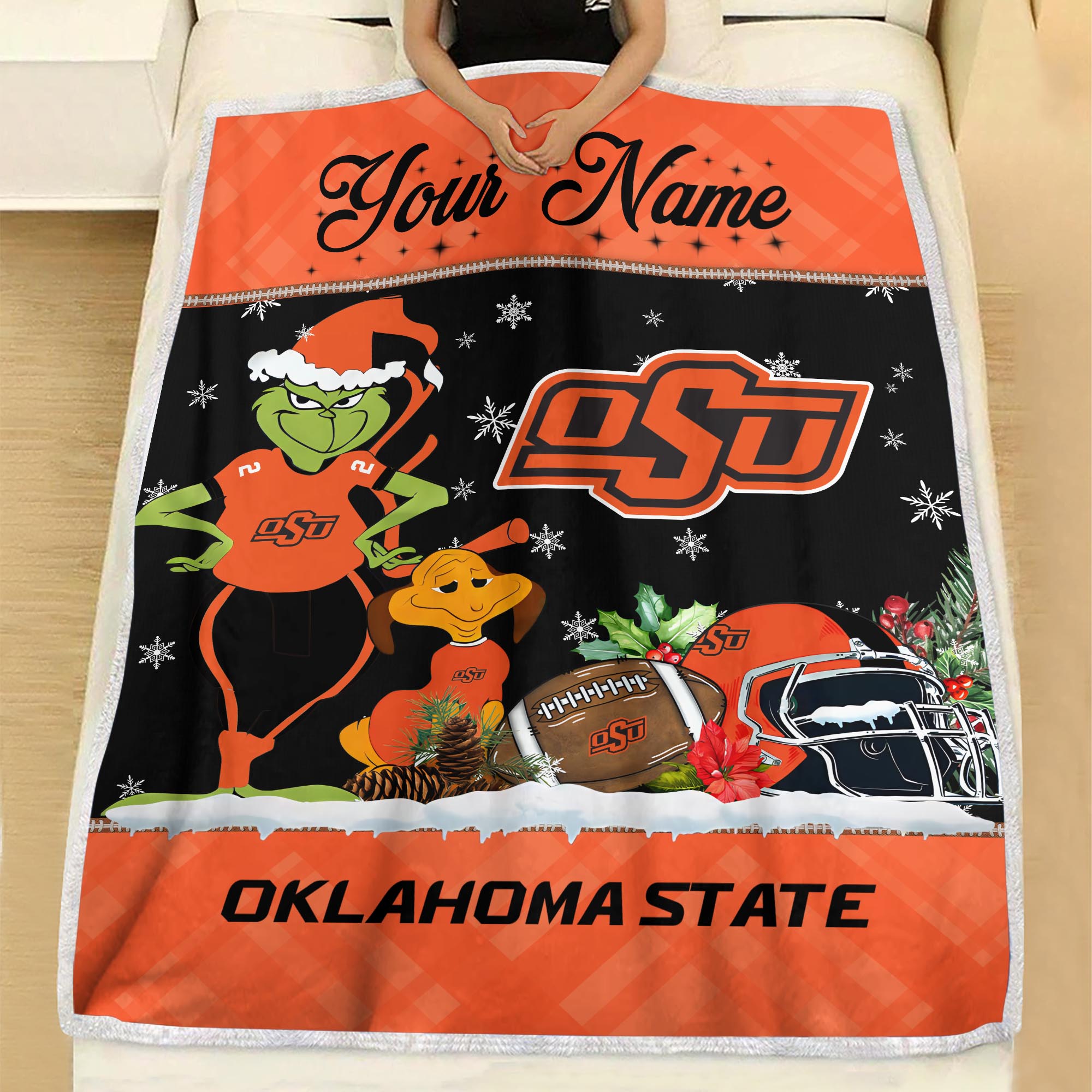Sportswearmerch Oklahoma State Cowboys NCAA x Grinch Christmas Fleece Blanket For Fan