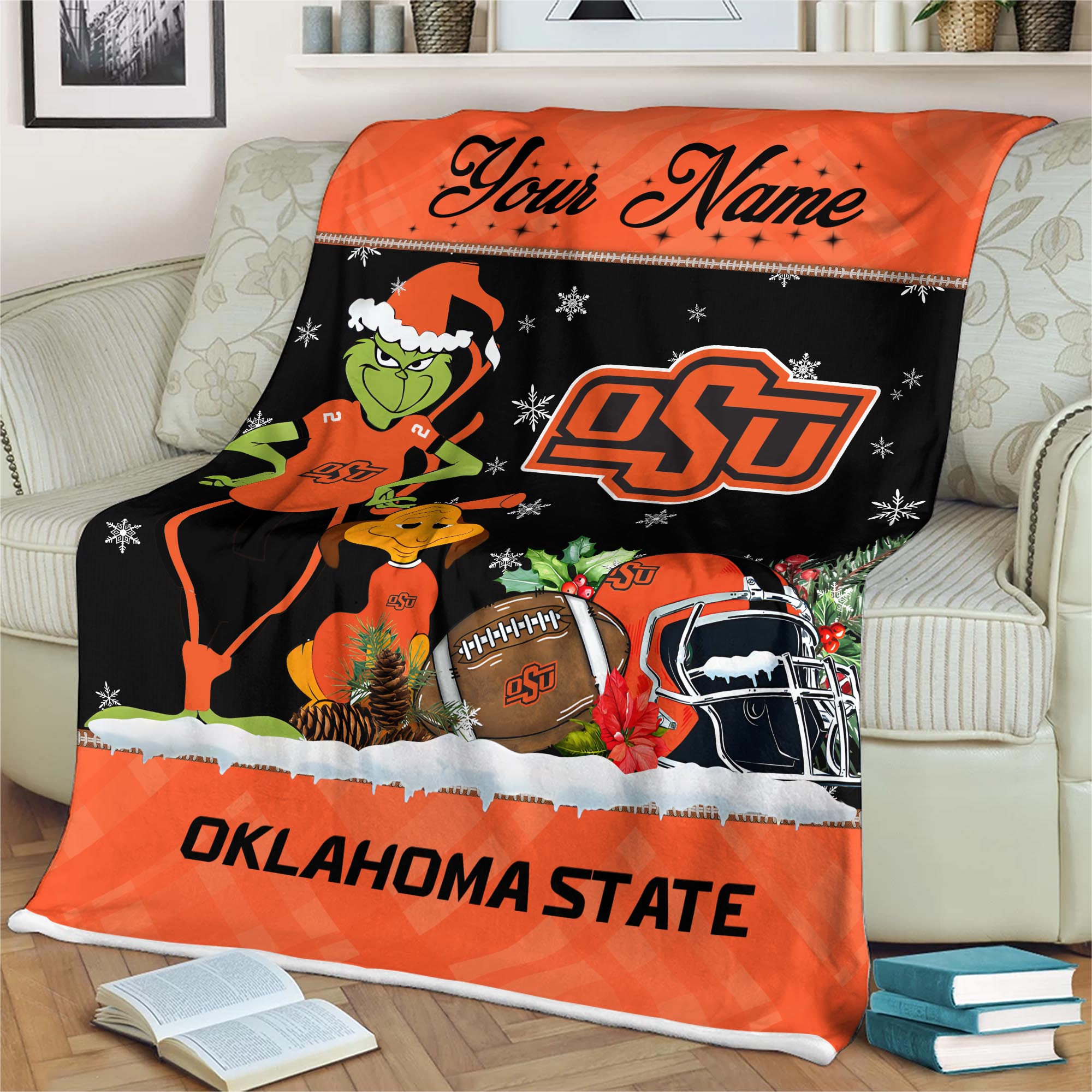 Sportswearmerch Oklahoma State Cowboys NCAA x Grinch Christmas Fleece Blanket For Fan