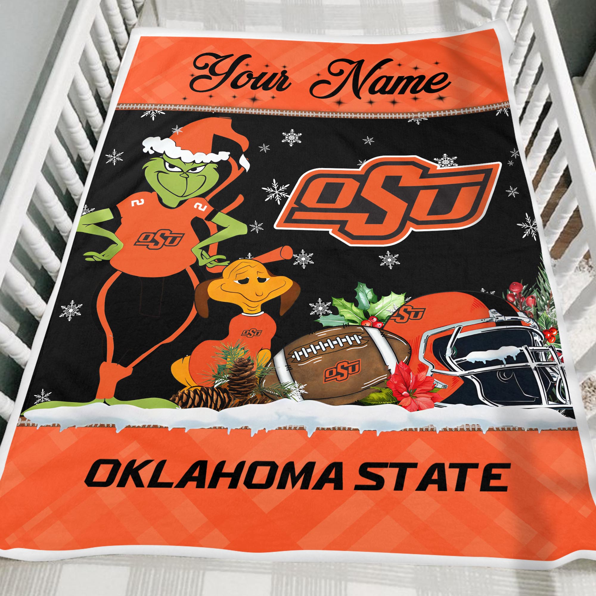 Sportswearmerch Oklahoma State Cowboys NCAA x Grinch Christmas Fleece Blanket For Fan