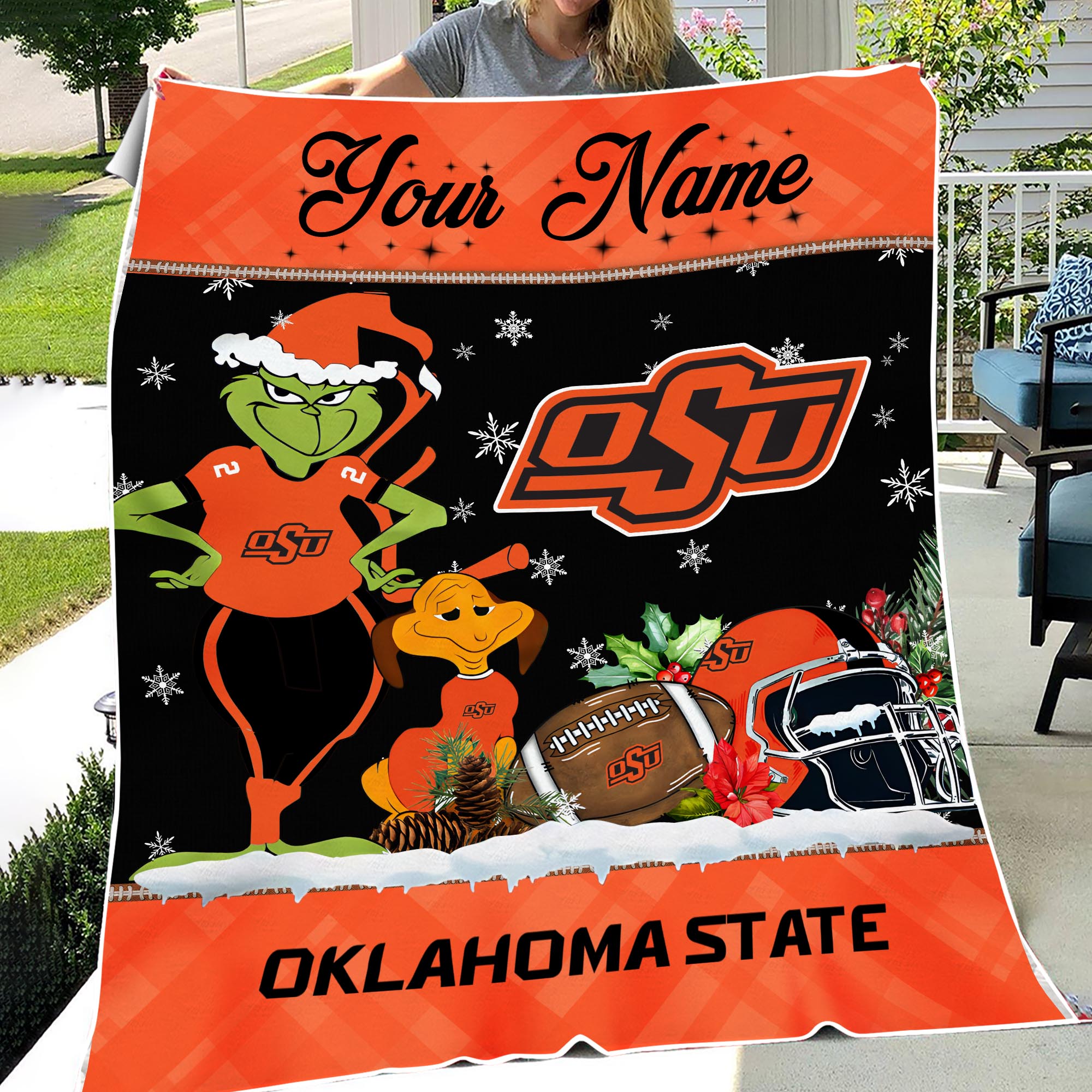 Sportswearmerch Oklahoma State Cowboys NCAA x Grinch Christmas Fleece Blanket For Fan