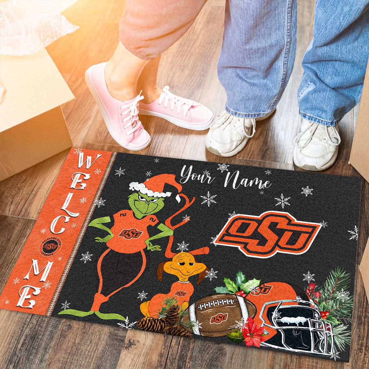Sportswearmerch Oklahoma State Cowboys NCAA x Grinch Christmas Welcome Football Doormat For Fan