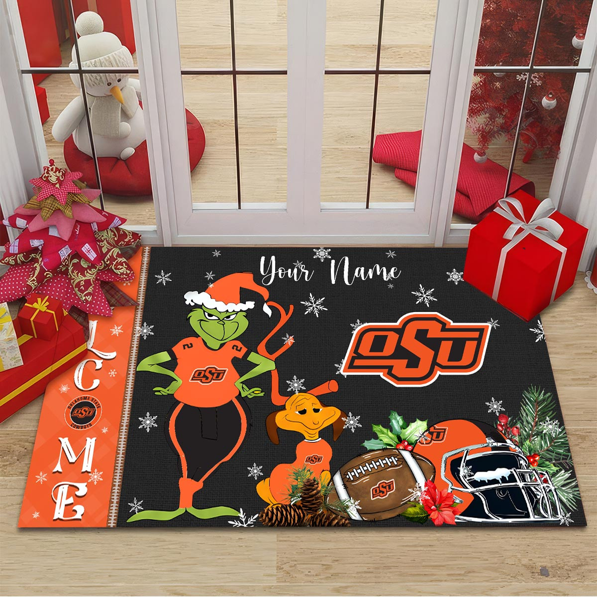Sportswearmerch Oklahoma State Cowboys NCAA x Grinch Christmas Welcome Football Doormat For Fan