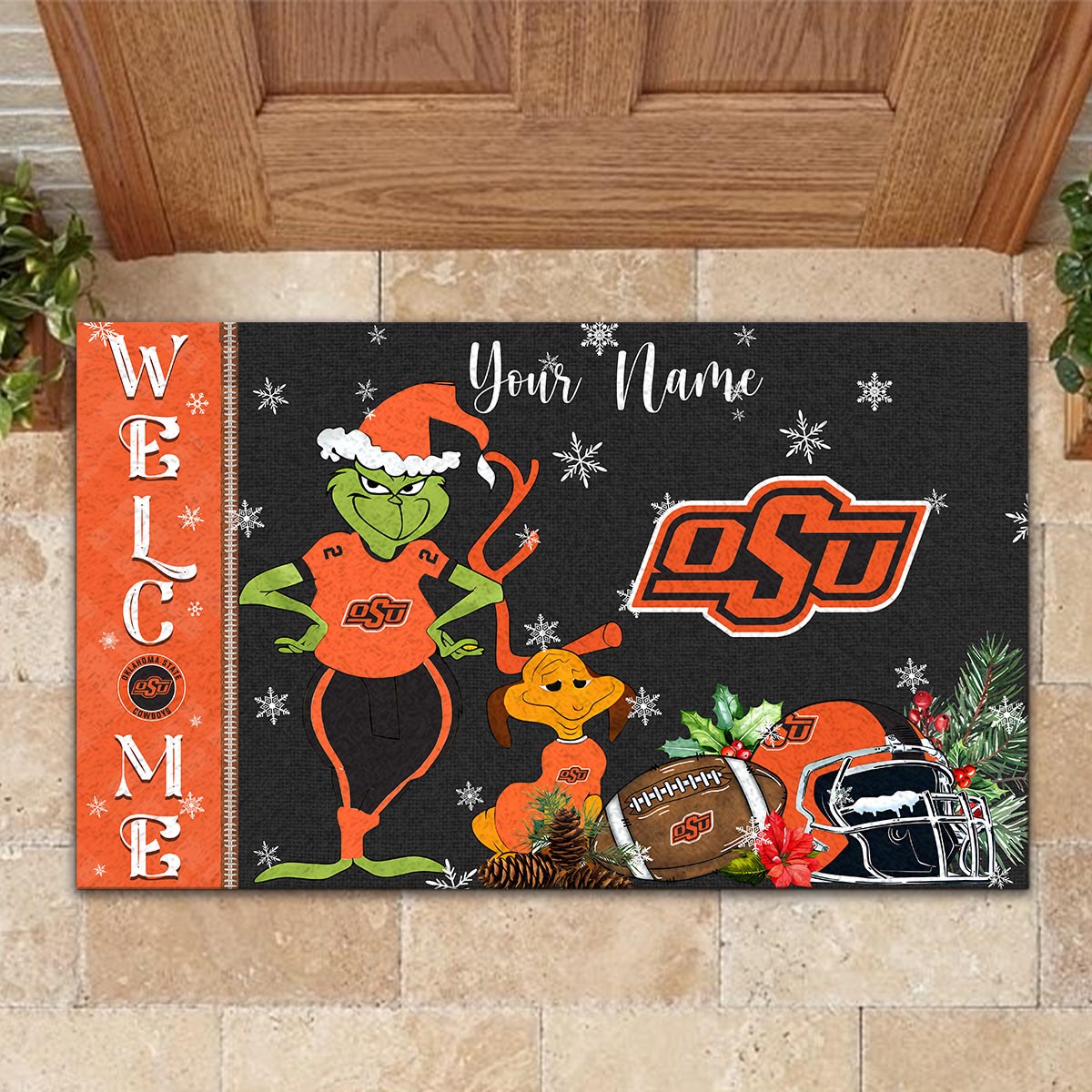 Sportswearmerch Oklahoma State Cowboys NCAA x Grinch Christmas Welcome Football Doormat For Fan