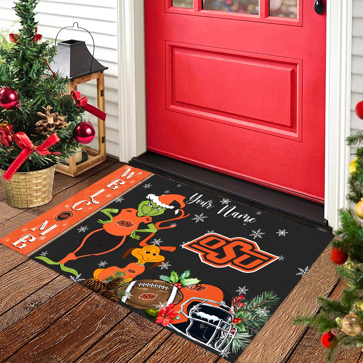 Sportswearmerch Oklahoma State Cowboys NCAA x Grinch Christmas Welcome Football Doormat For Fan