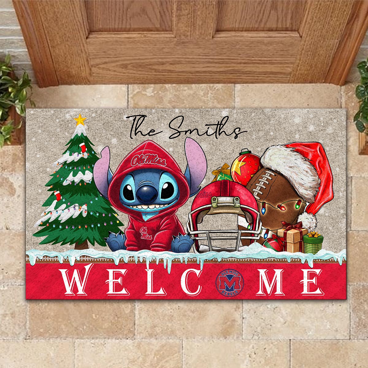 Sportswearmerch Ole Miss Rebels NCAA x Cute Stitch Christmas Doormat For Fan