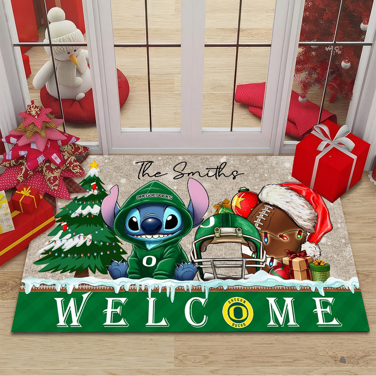 Sportswearmerch Oregon Ducks NCAA x Cute Stitch Christmas Doormat For Fan