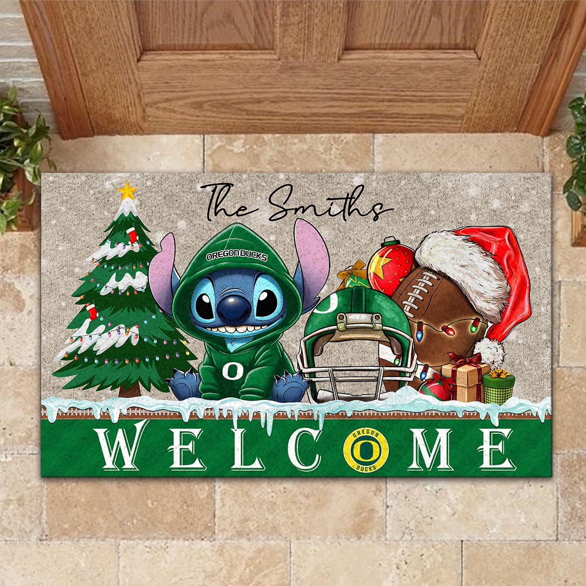 Sportswearmerch Oregon Ducks NCAA x Cute Stitch Christmas Doormat For Fan