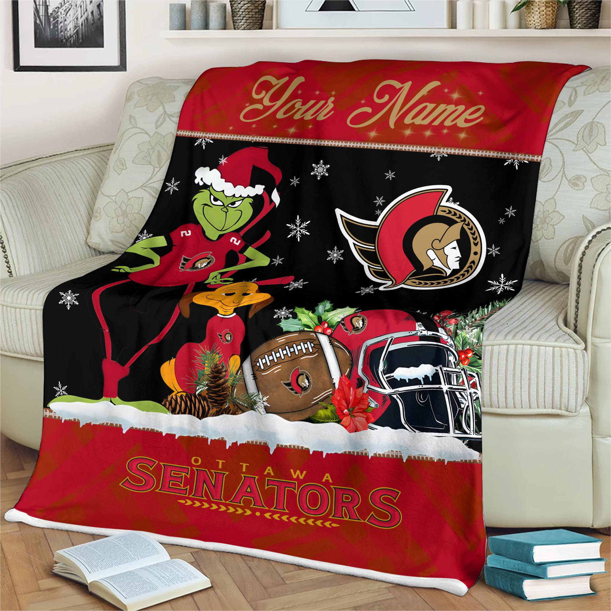 Sportswearmerch Ottawa Senators NHL x Grinch Christmas Fleece Blanket For Fan