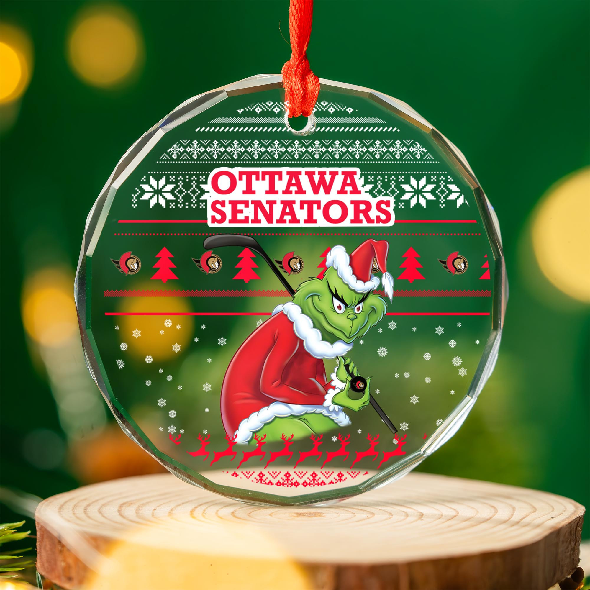 Sportswearmerch Ottawa Senators NHL x Grinch Christmas Glass Ornament For Fans