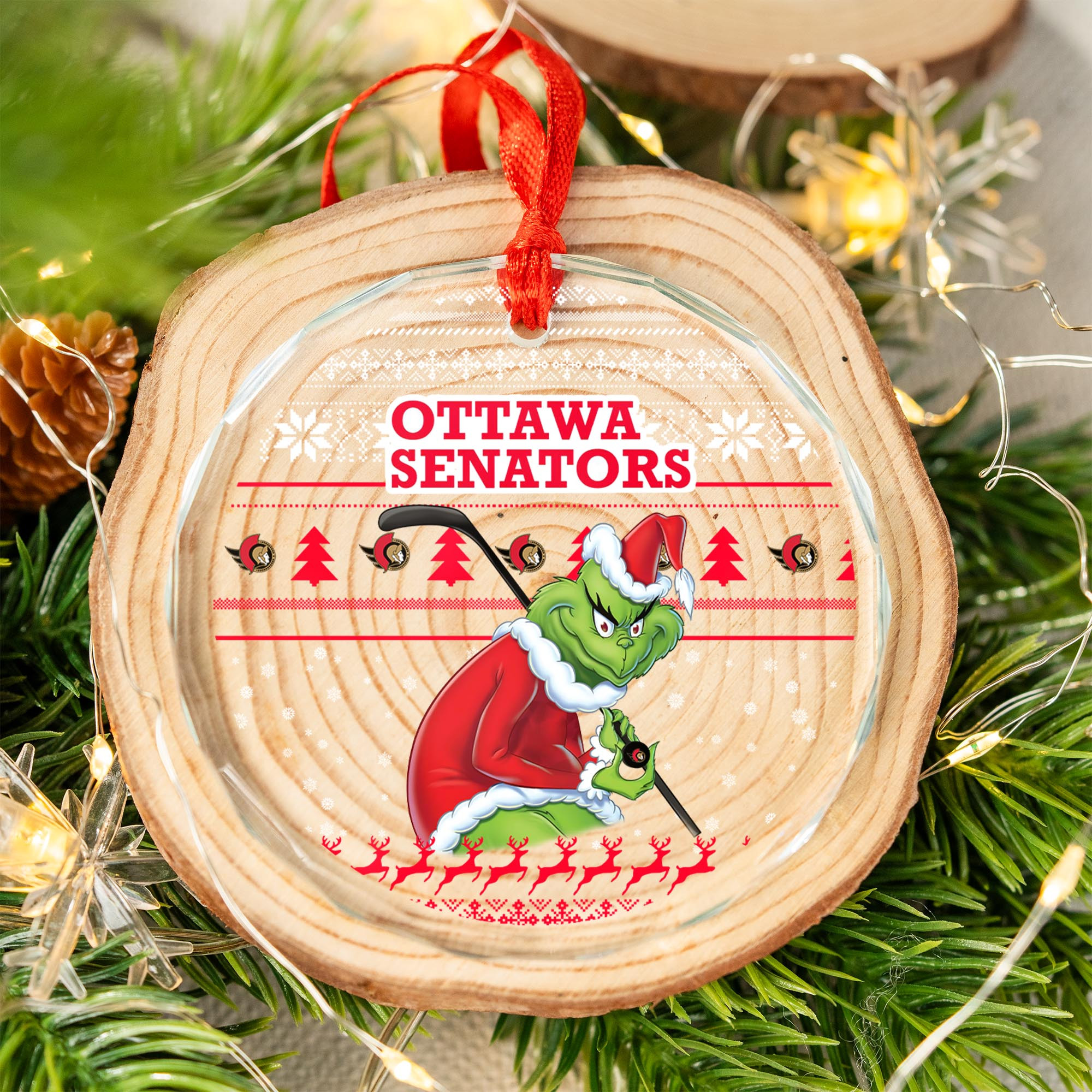 Sportswearmerch Ottawa Senators NHL x Grinch Christmas Glass Ornament For Fans