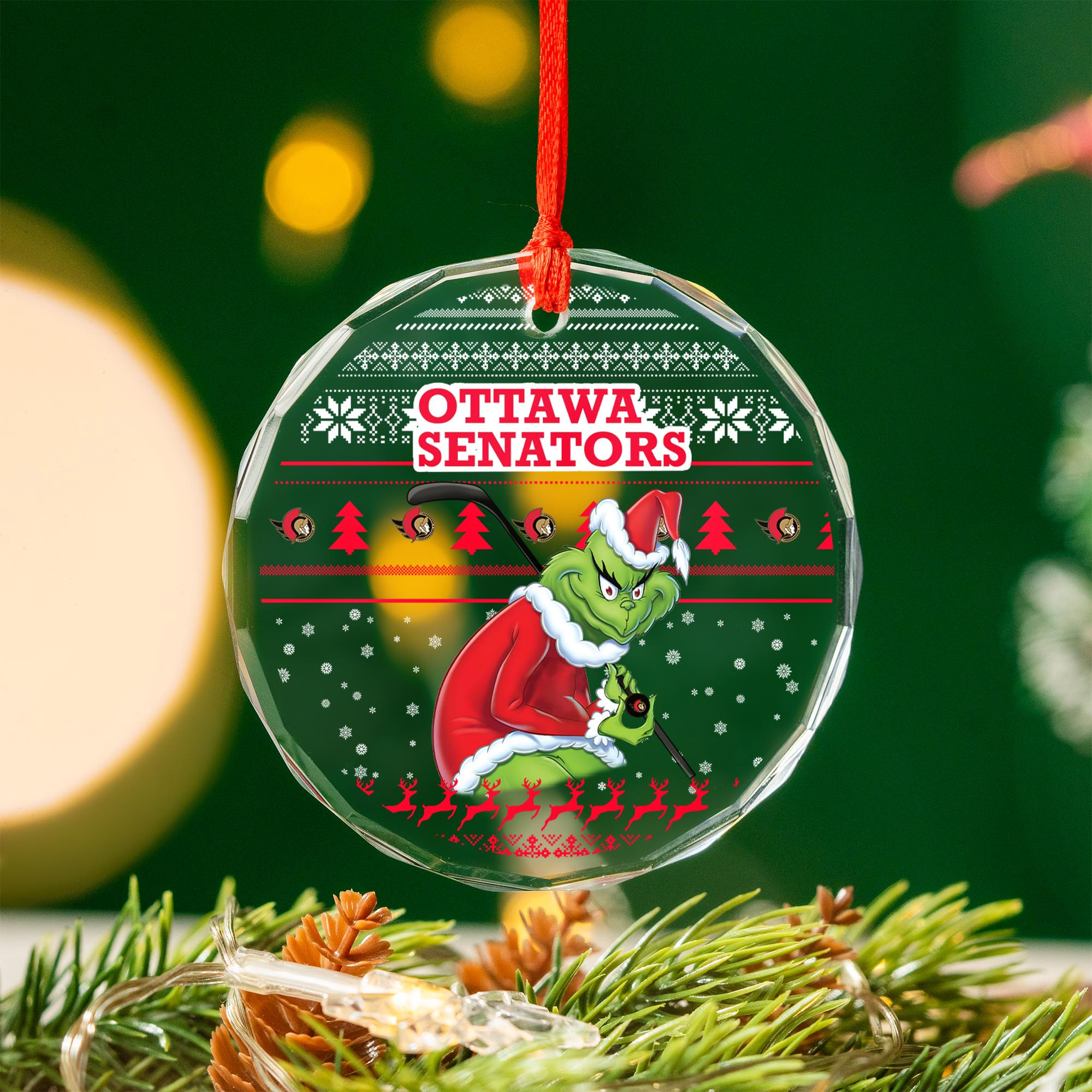 Sportswearmerch Ottawa Senators NHL x Grinch Christmas Glass Ornament For Fans