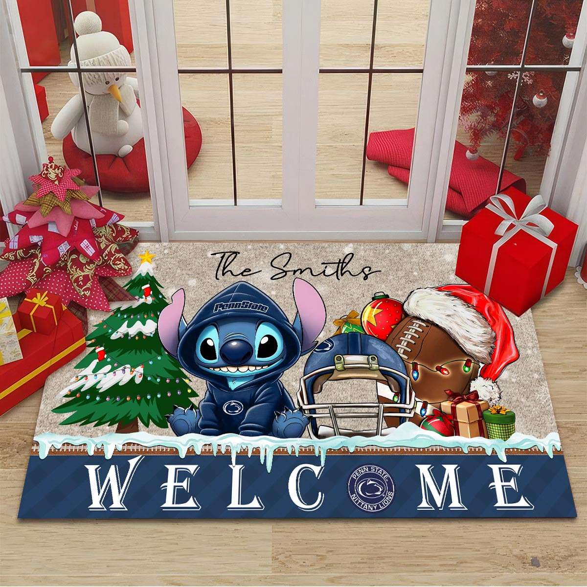 Sportswearmerch Penn State Nittany Lions NCAA x Cute Stitch Christmas Doormat For Fan